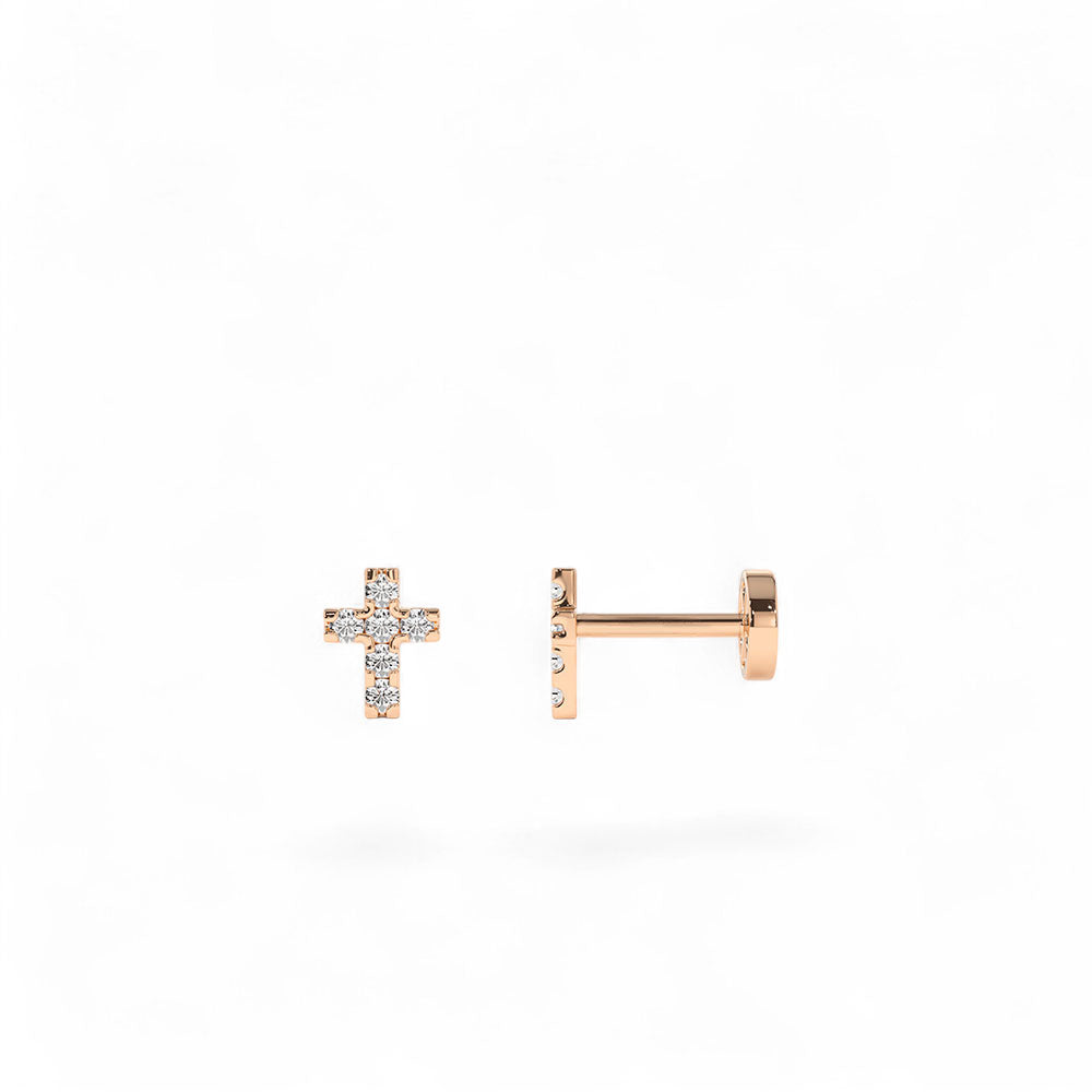 14K Gold Diamond Cross Flat Back Piercing Stud - view 2