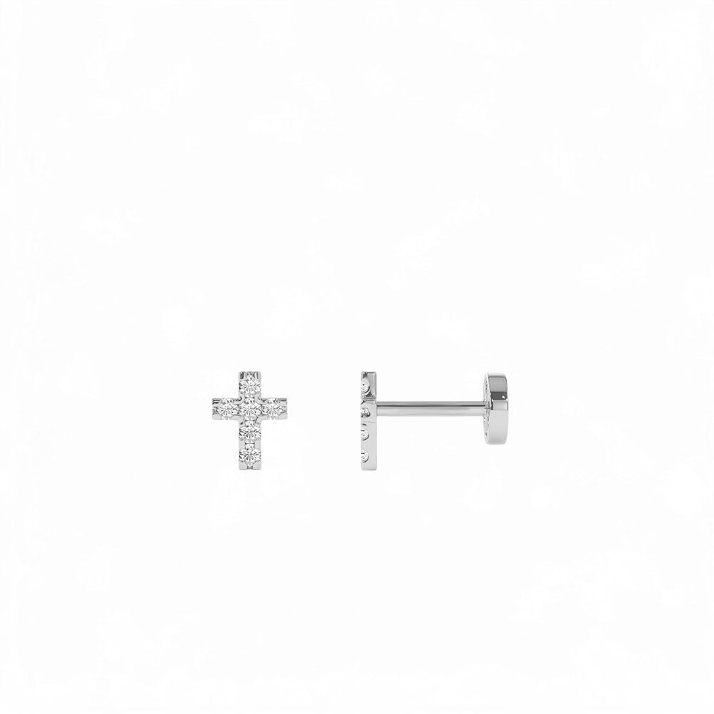 14K Gold Diamond Cross Flat Back Piercing Stud - view 3