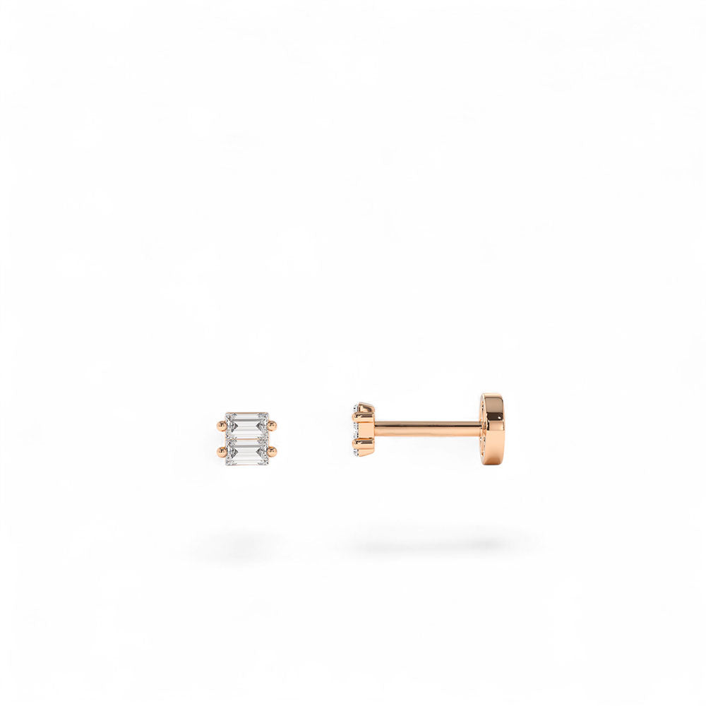 14K Gold Double Baguette Diamond Flat Back Piercing Stud - view 2