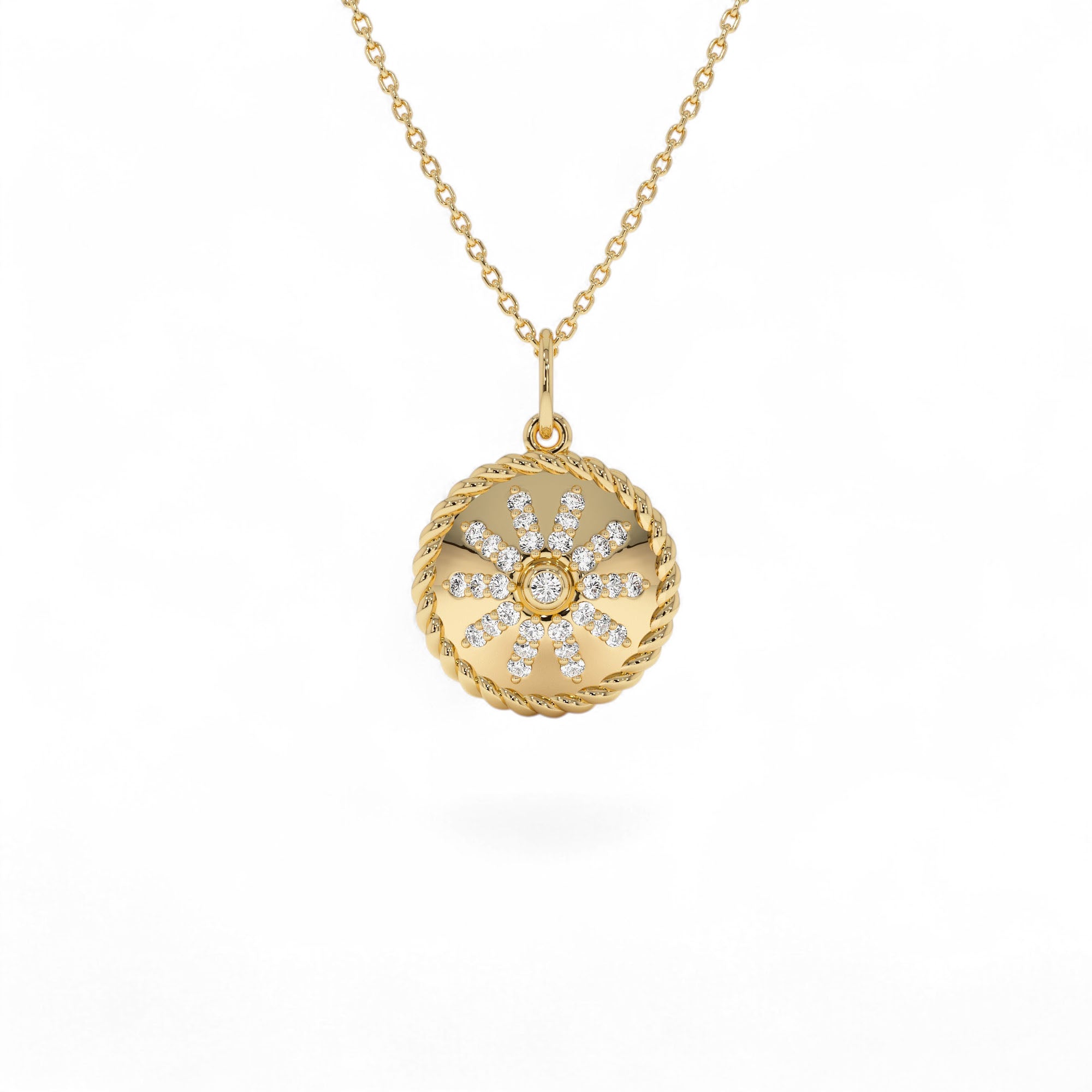 14k Diamond Sunburst Medallion Charm by Orlina Fine