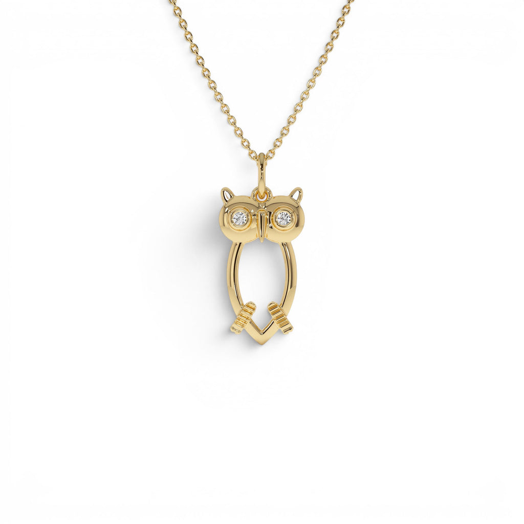 14k Owl Charm Necklace with Diamonds by Orlina Fine