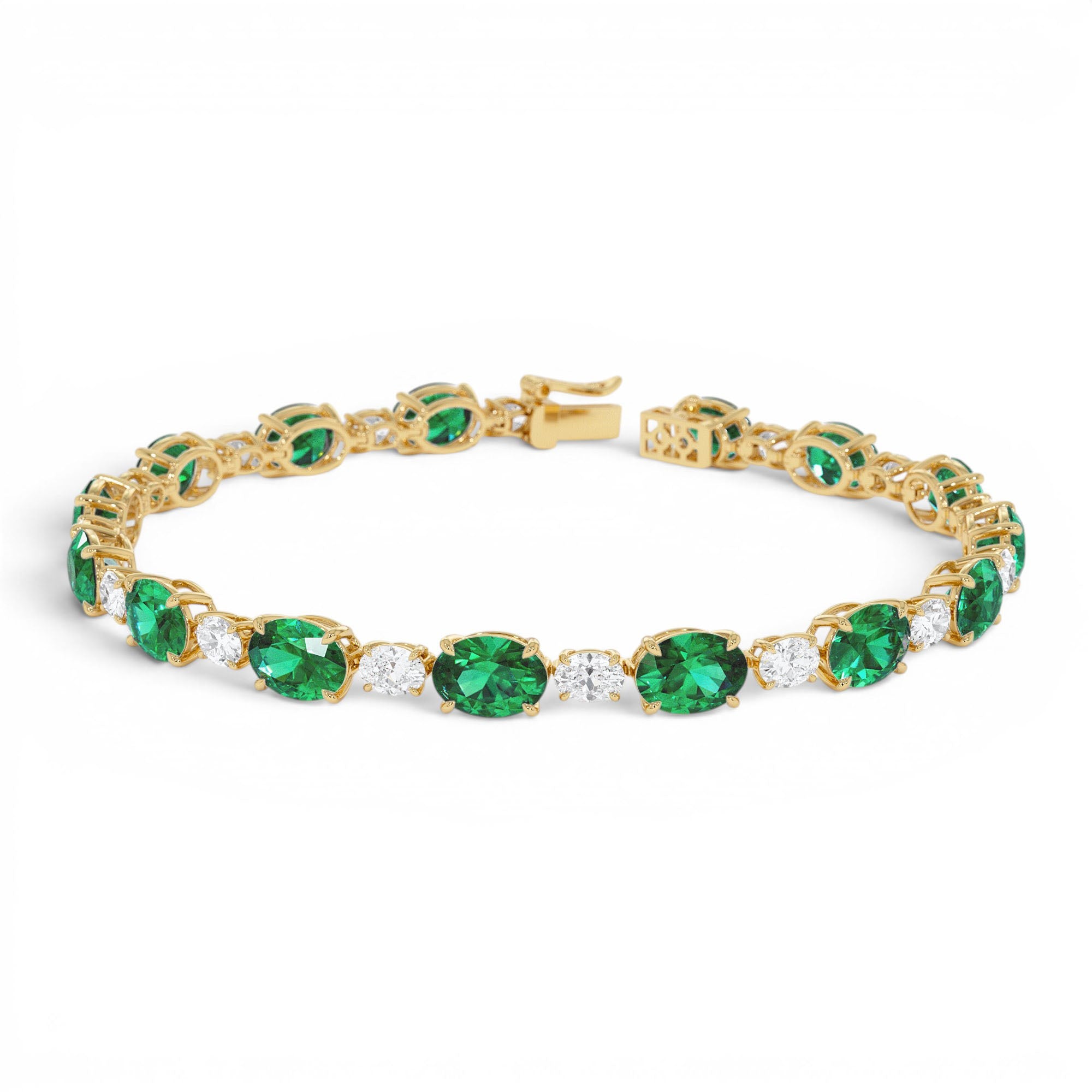 15.75 ctw 14k Lab Grown Colombian Oval Emerald and Oval Diamond Bracelet by Orlina Fine