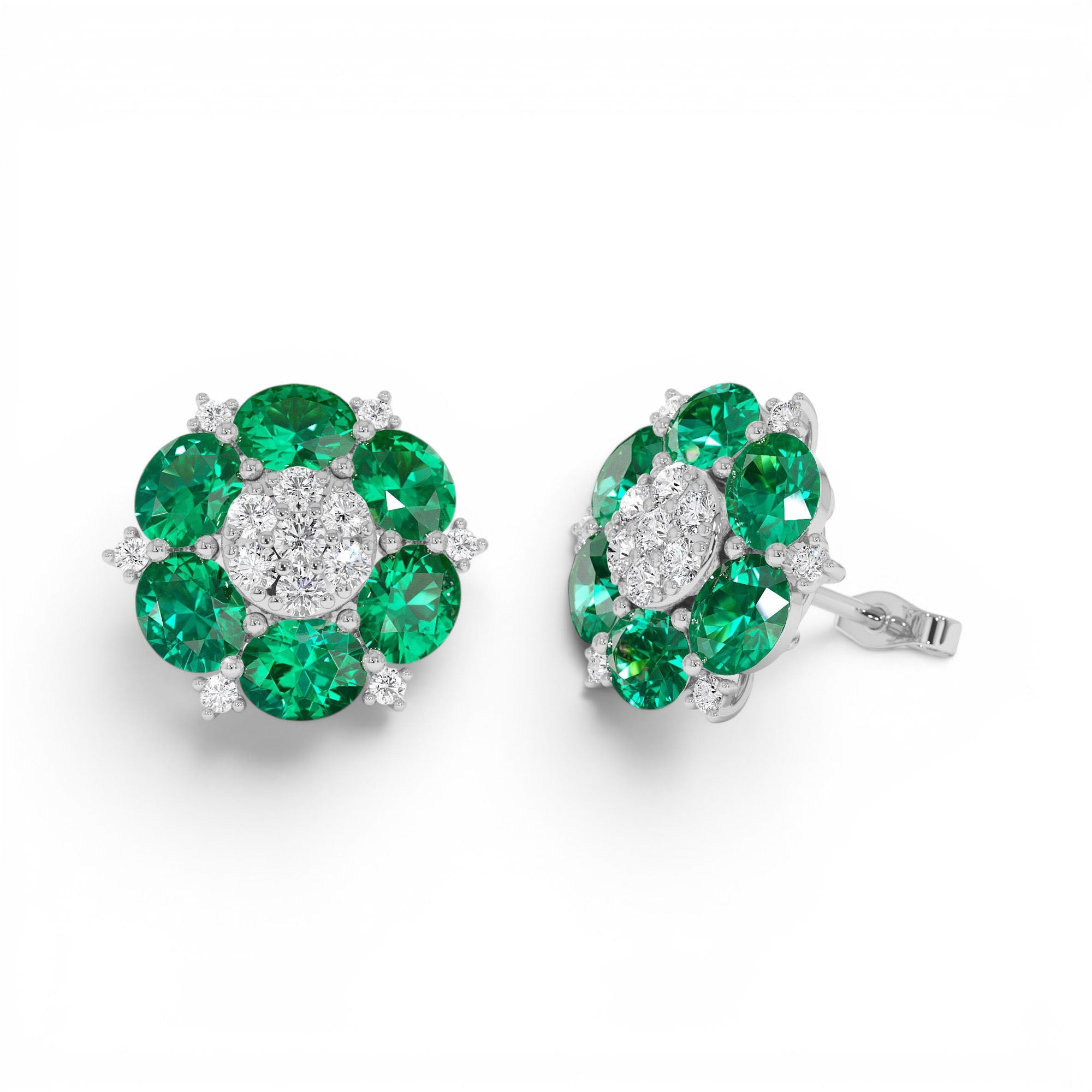 4.70 Ctw 14k Lab Grown Emerald and Diamond Cluster Stud Earrings - view 3