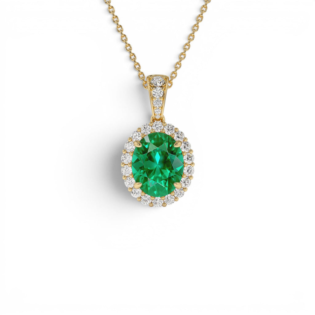 3.60 CTW 14K Lab Grown Colombian Emerald and Diamond Halo Pendant Necklace by Orlina Fine
