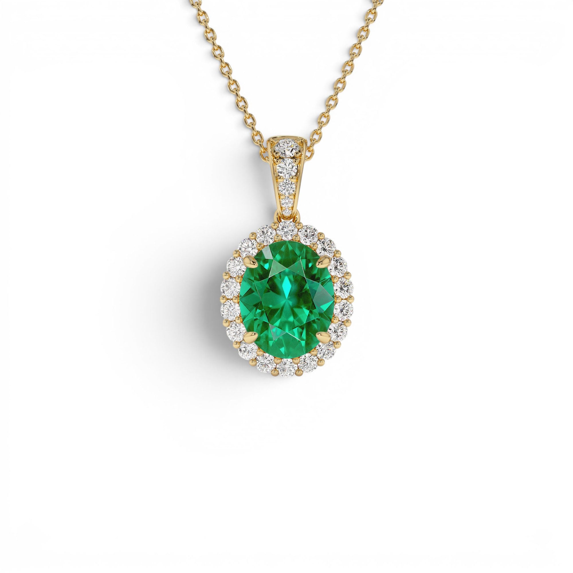 3.60 CTW 14K Lab Grown Colombian Emerald and Diamond Halo Pendant Necklace by Orlina Fine