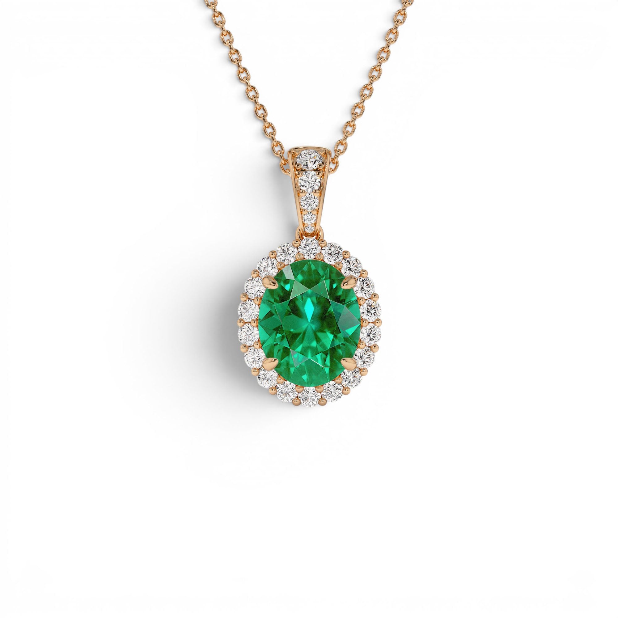 3.60 Ctw 14k Lab Grown Colombian Emerald and Diamond Halo Pendant Necklace - view 2