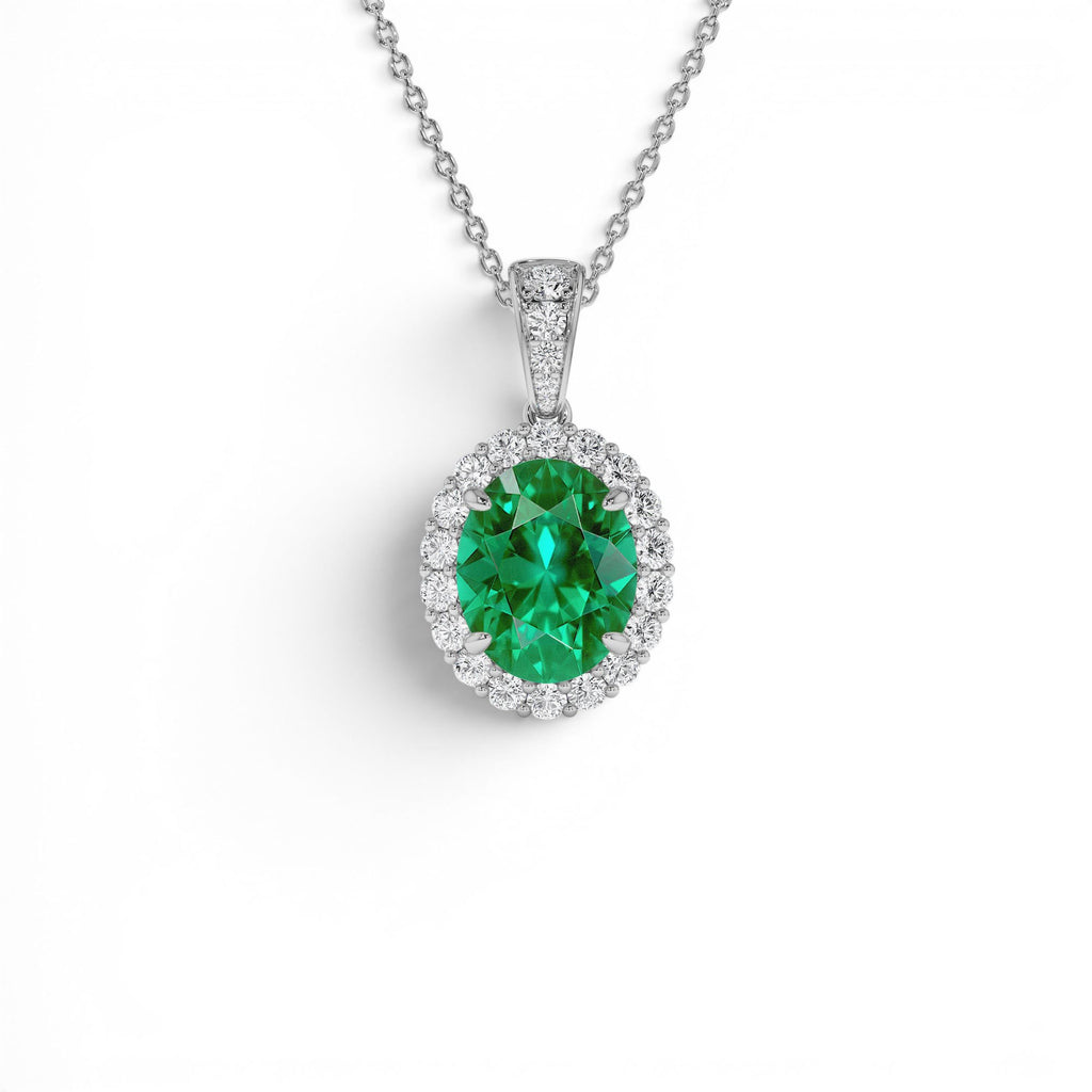 3.60 Ctw 14k Lab Grown Colombian Emerald and Diamond Halo Pendant Necklace - view 3