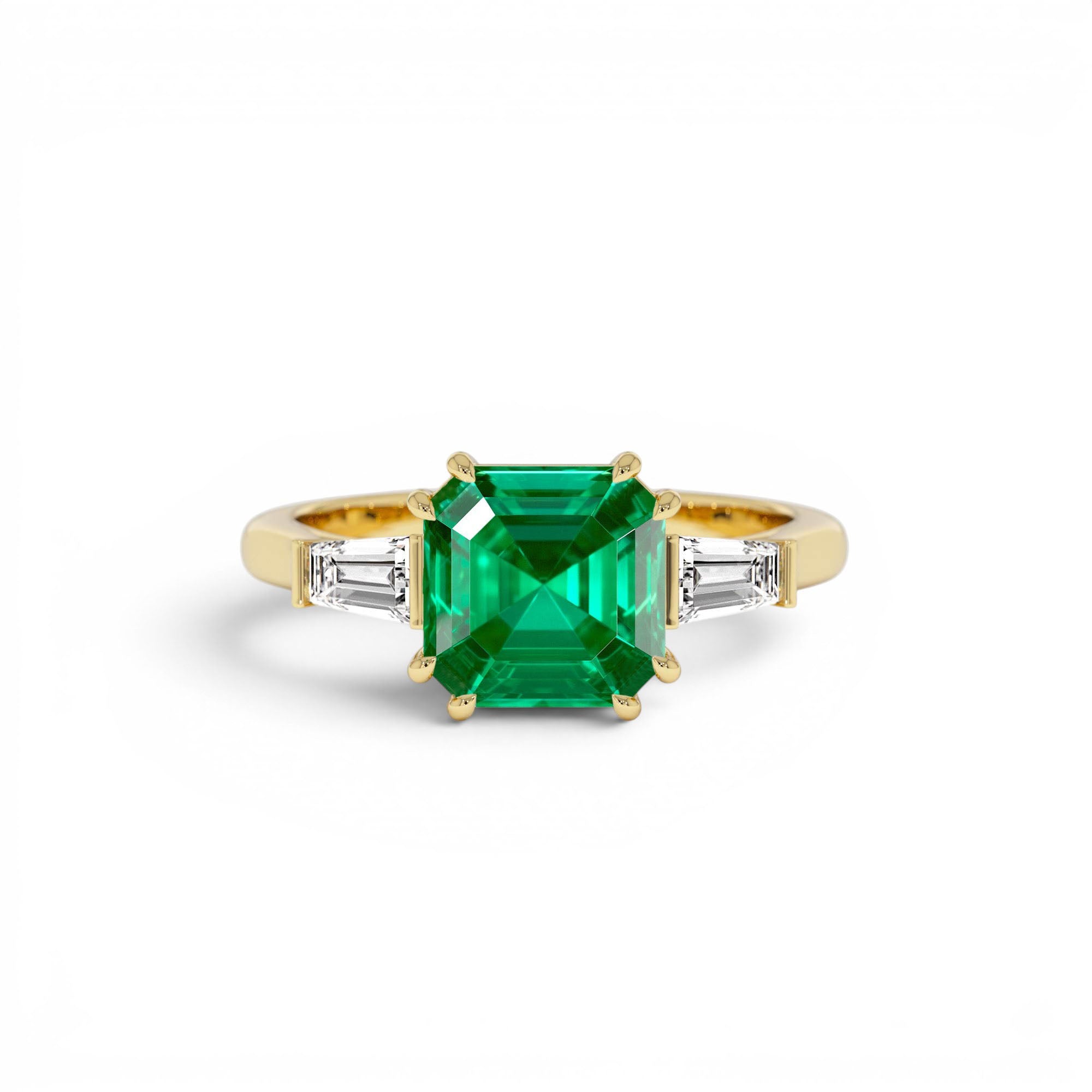 2.35 Ctw 14k Asscher Cut Lab Grown Colombian Emerald and Baguette Diamond Ring by Orlina Fine