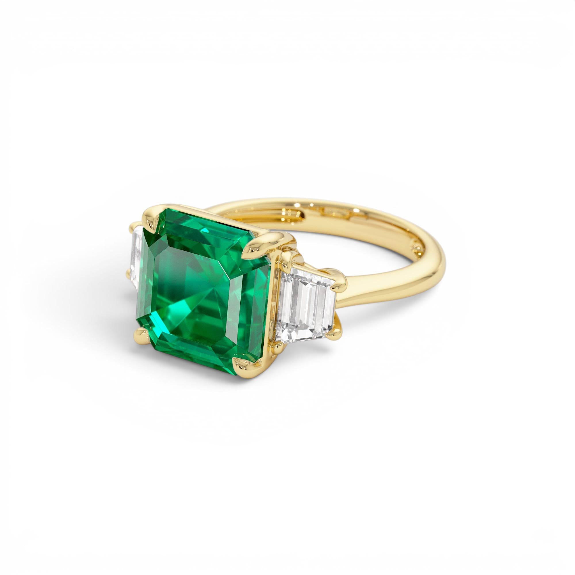 6.00 Ctw Lab Grown Colombian Emerald and Trapezoid Diamond Three Stone Engagement Ring - view 4