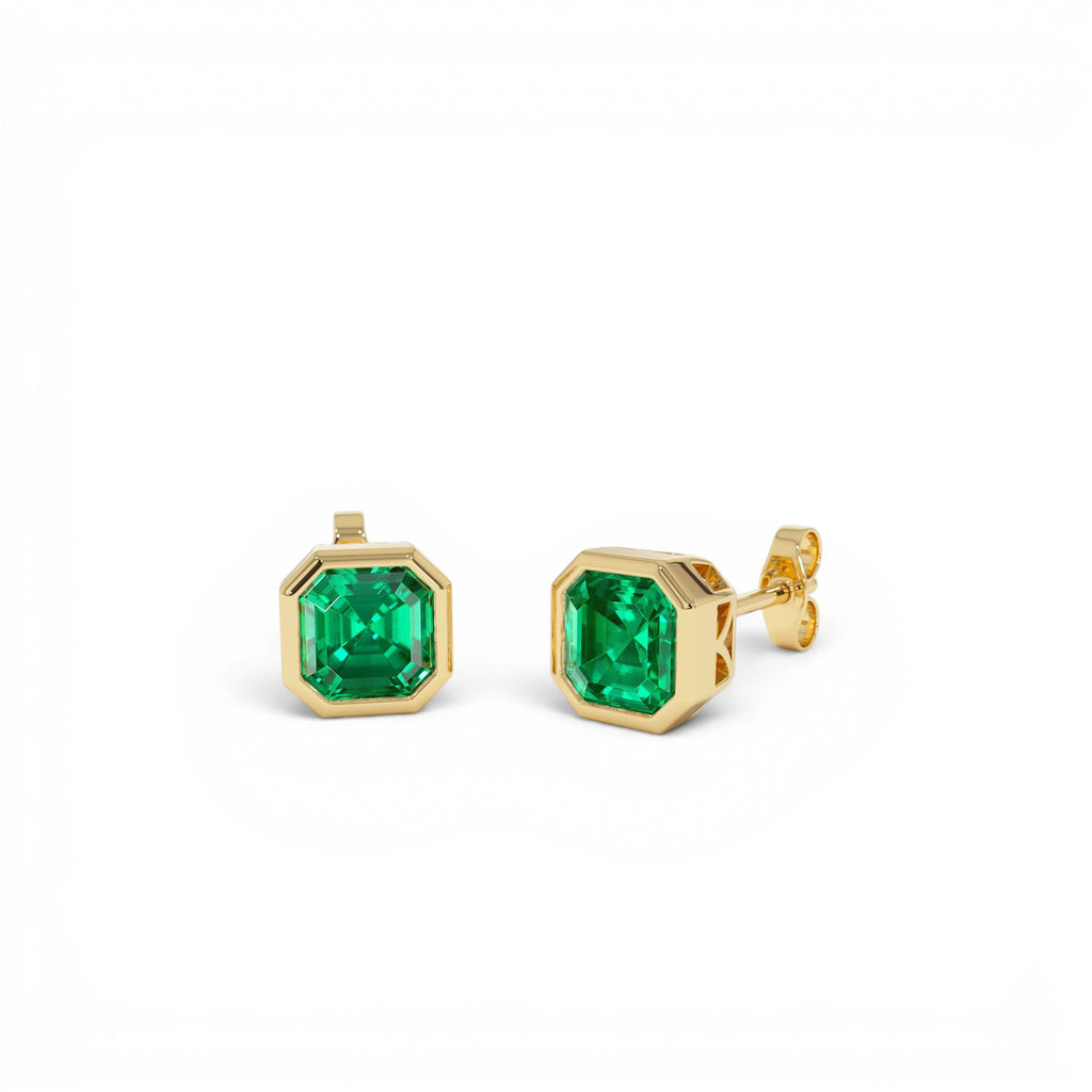 2.30 Ctw 14k Asscher Cut Lab Grown Colombian Emerald Bezel Stud Earrings by Orlina Fine