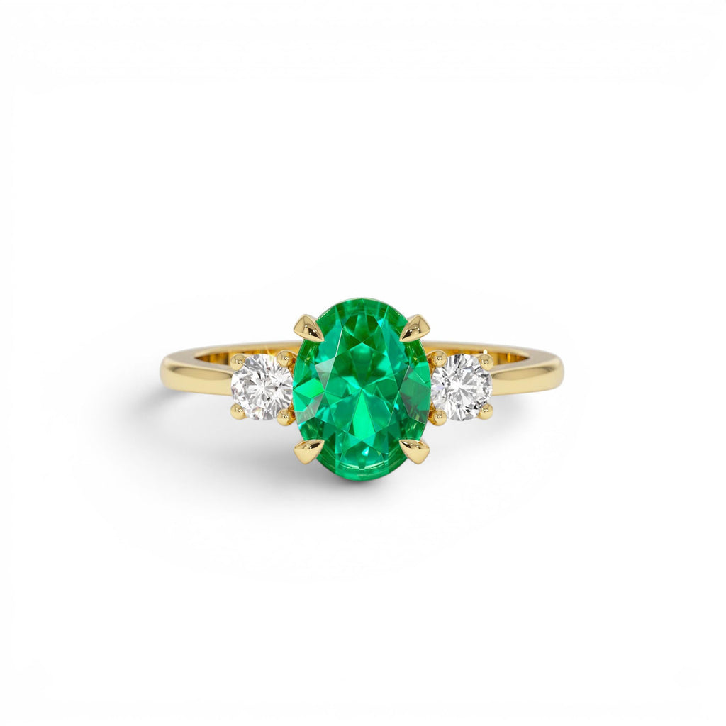 1.20 Ctw 14k Lab Grown Colombian Emerald and Diamond Three Stone Ring by Orlina Fine