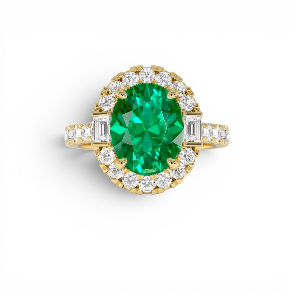 4.20 CTW 14K Oval Shape Lab Grown Colombian Emerald and Diamond Halo Engagement Ring by Orlina Fine