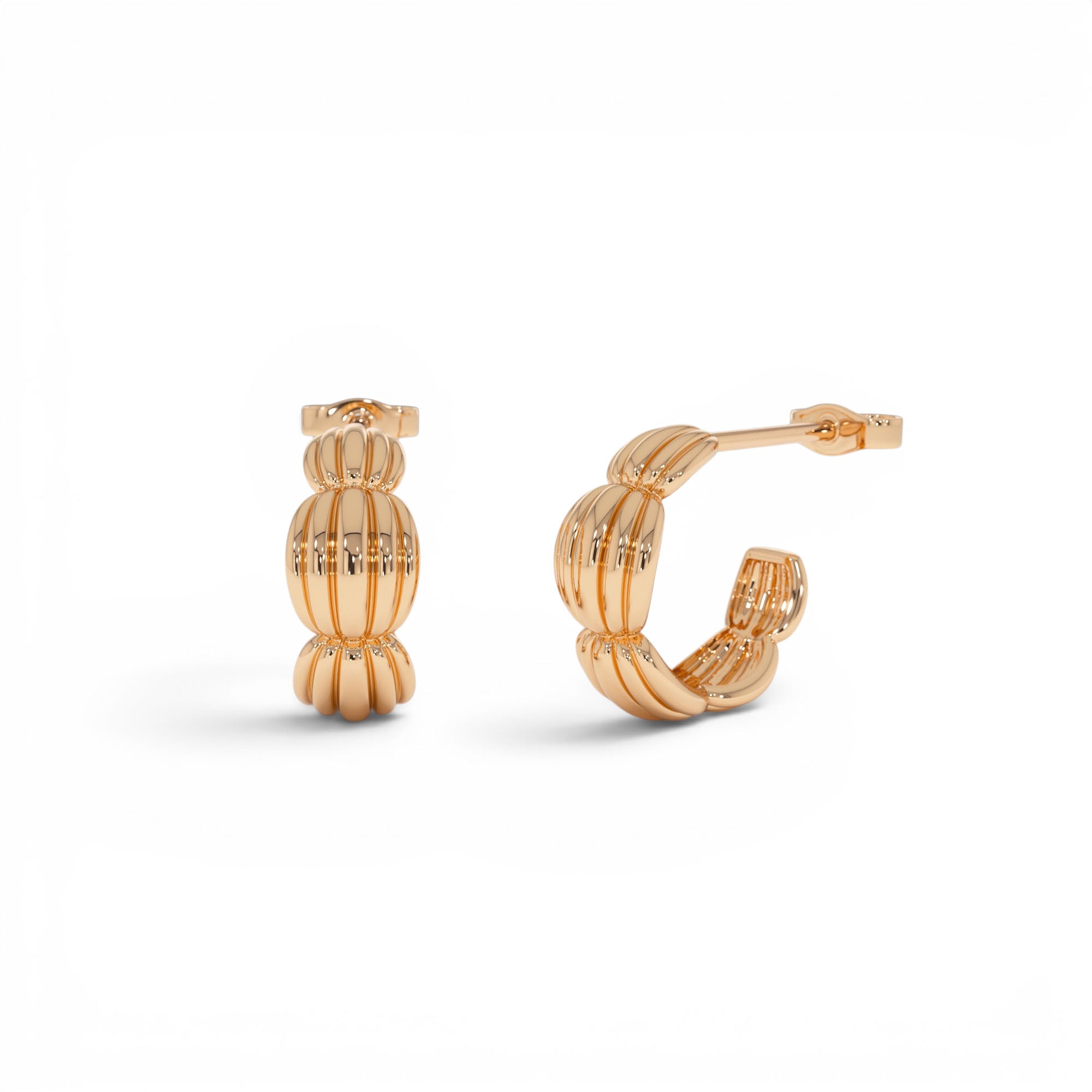 14k Gold Ribbed Dome Hoop Earrings - view 3