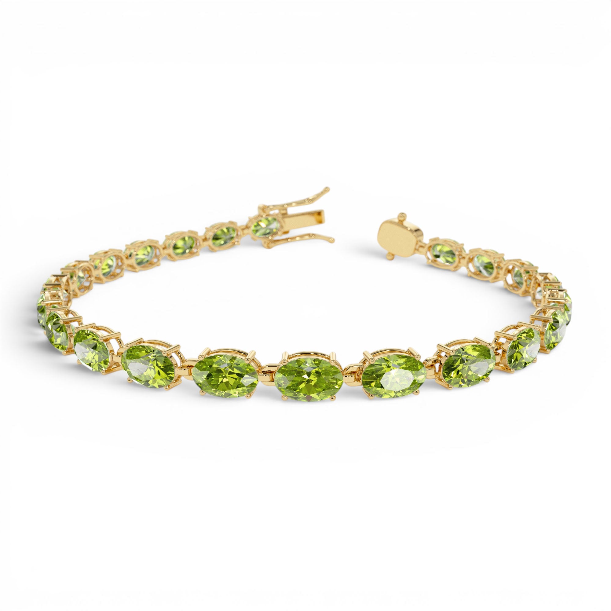 14K Gold Oval Shaped Peridot Tennis Bracelet 13.70 ctw by Orlina Fine