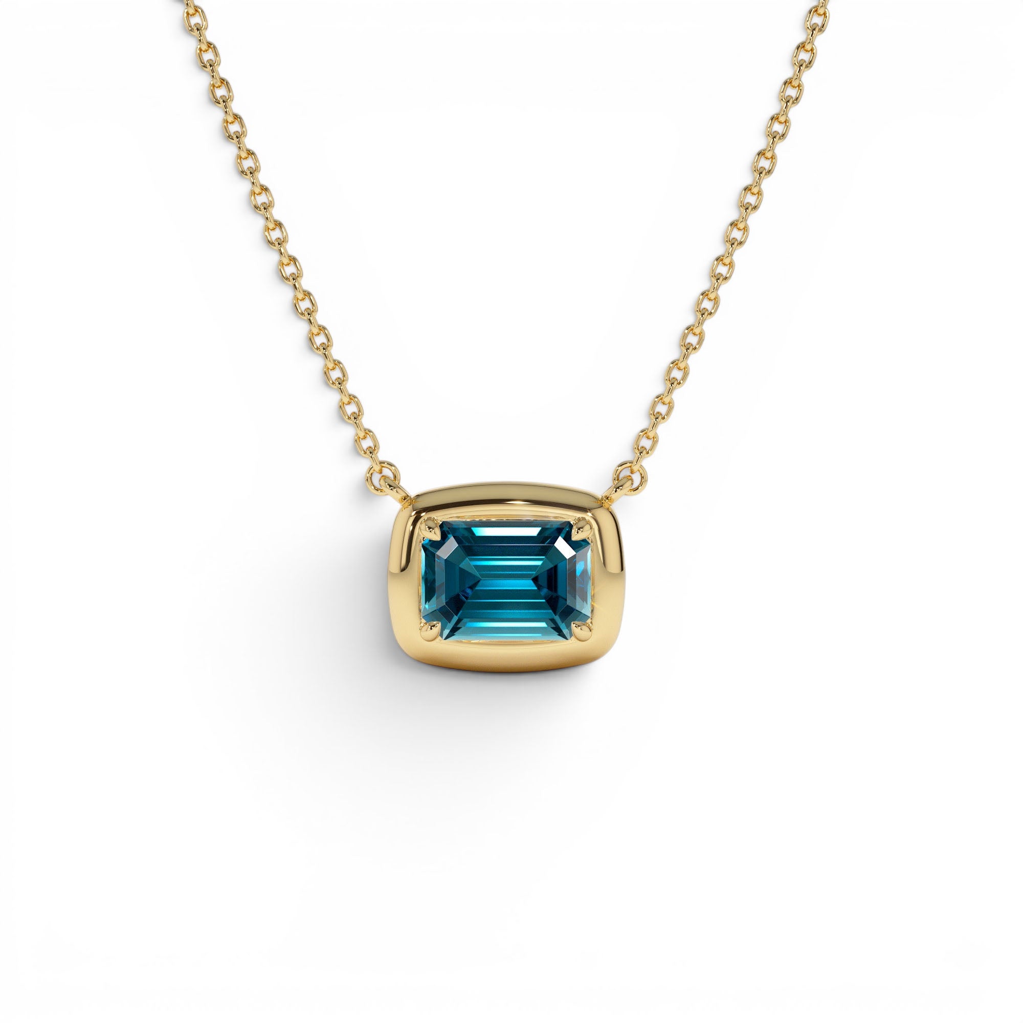 14K Prong Setting Emerald Cut London Blue Topaz Necklace by Orlina Fine