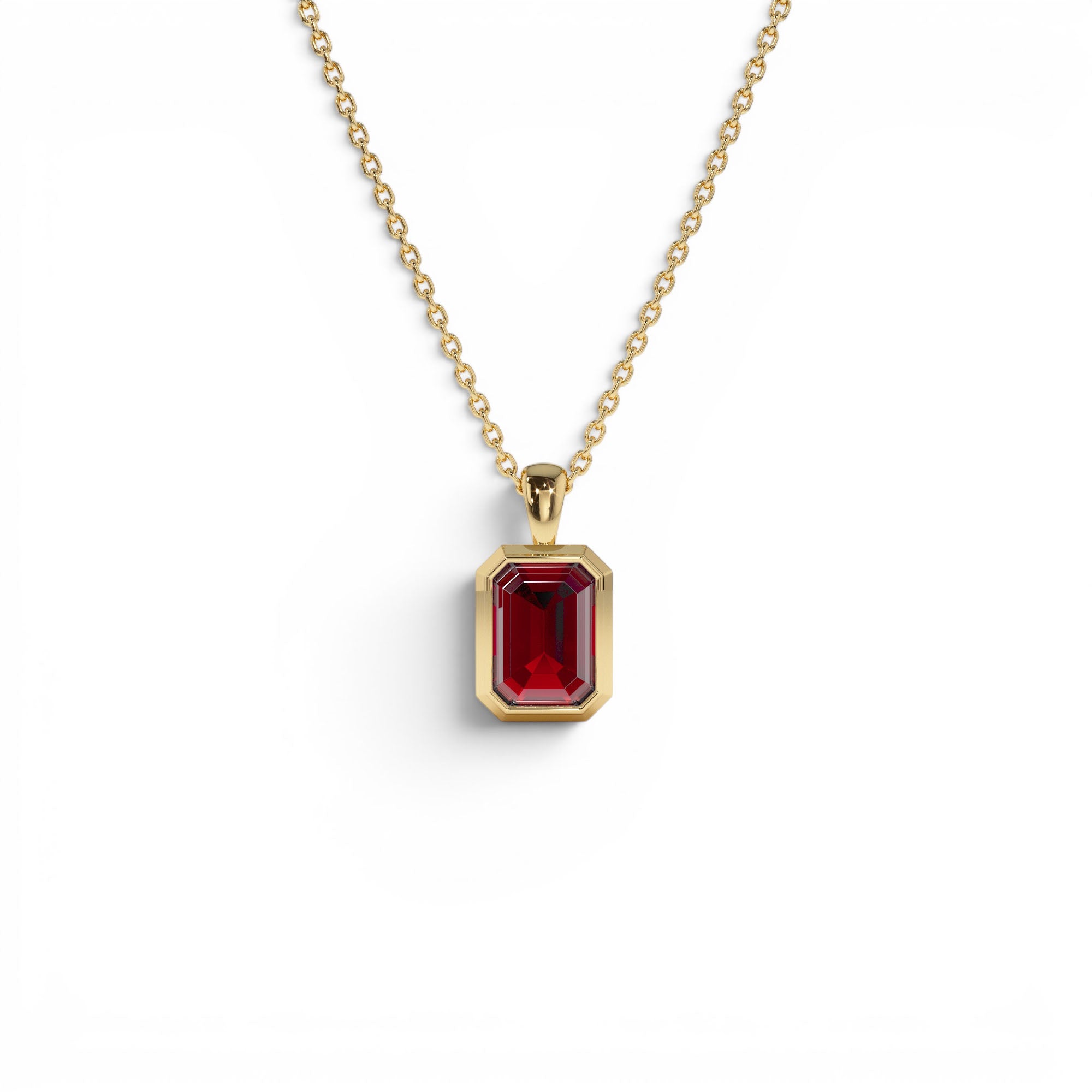 14K Emerald Cut Garnet Vertical Bezel Setting Pendant by Orlina Fine