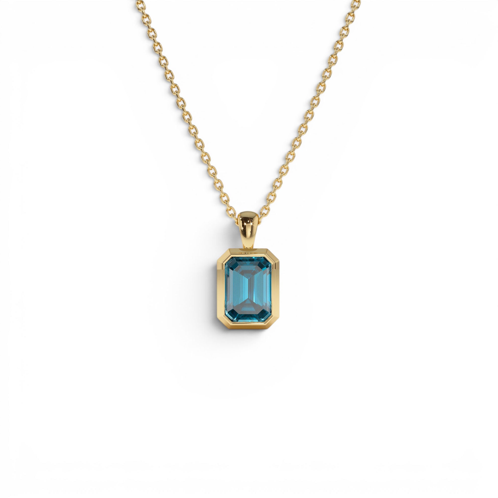 14K Emerald Cut London Blue Topaz Vertical Bezel Setting Pendant by Orlina Fine