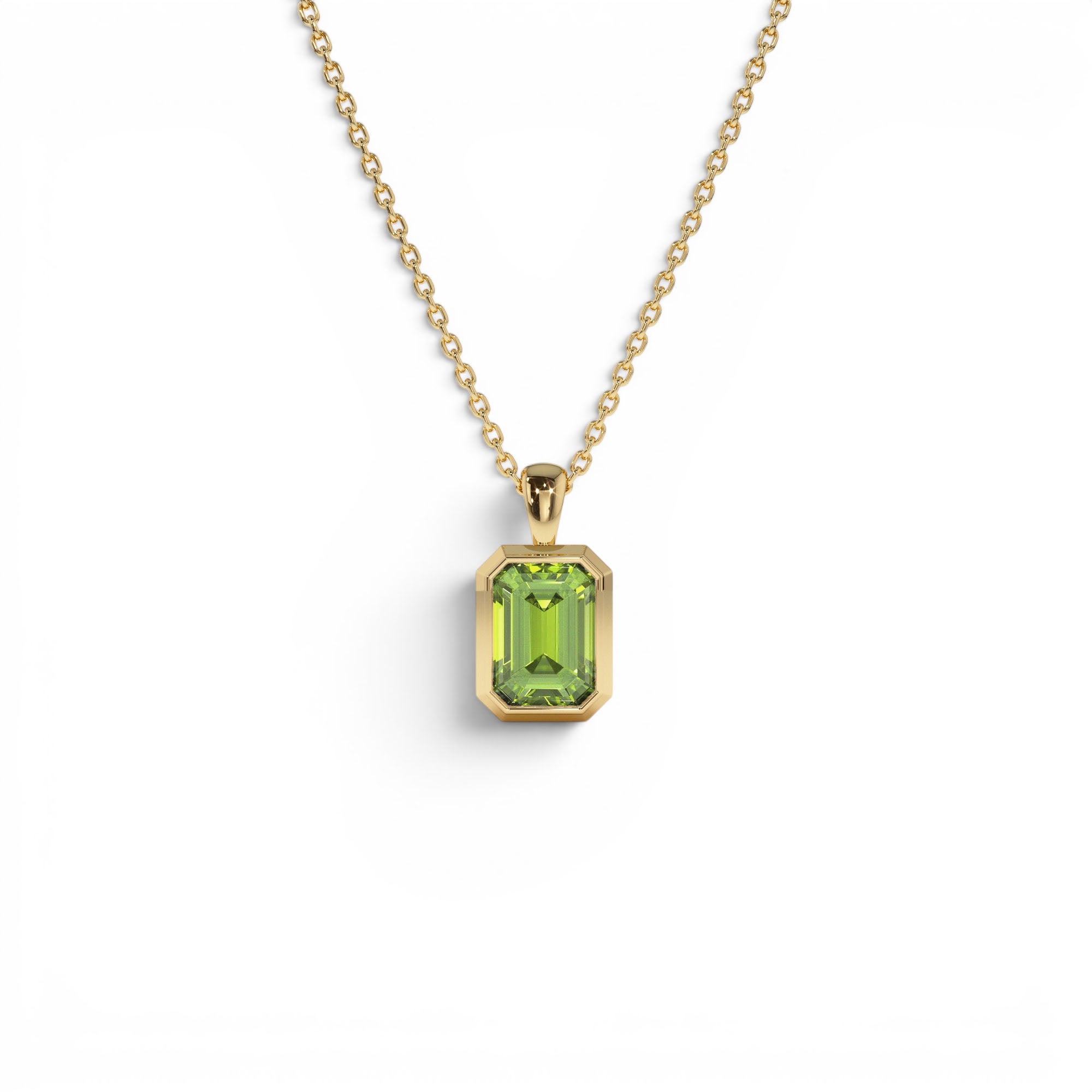 14K Emerald Cut Peridot Vertical Bezel Setting Pendant by Orlina Fine