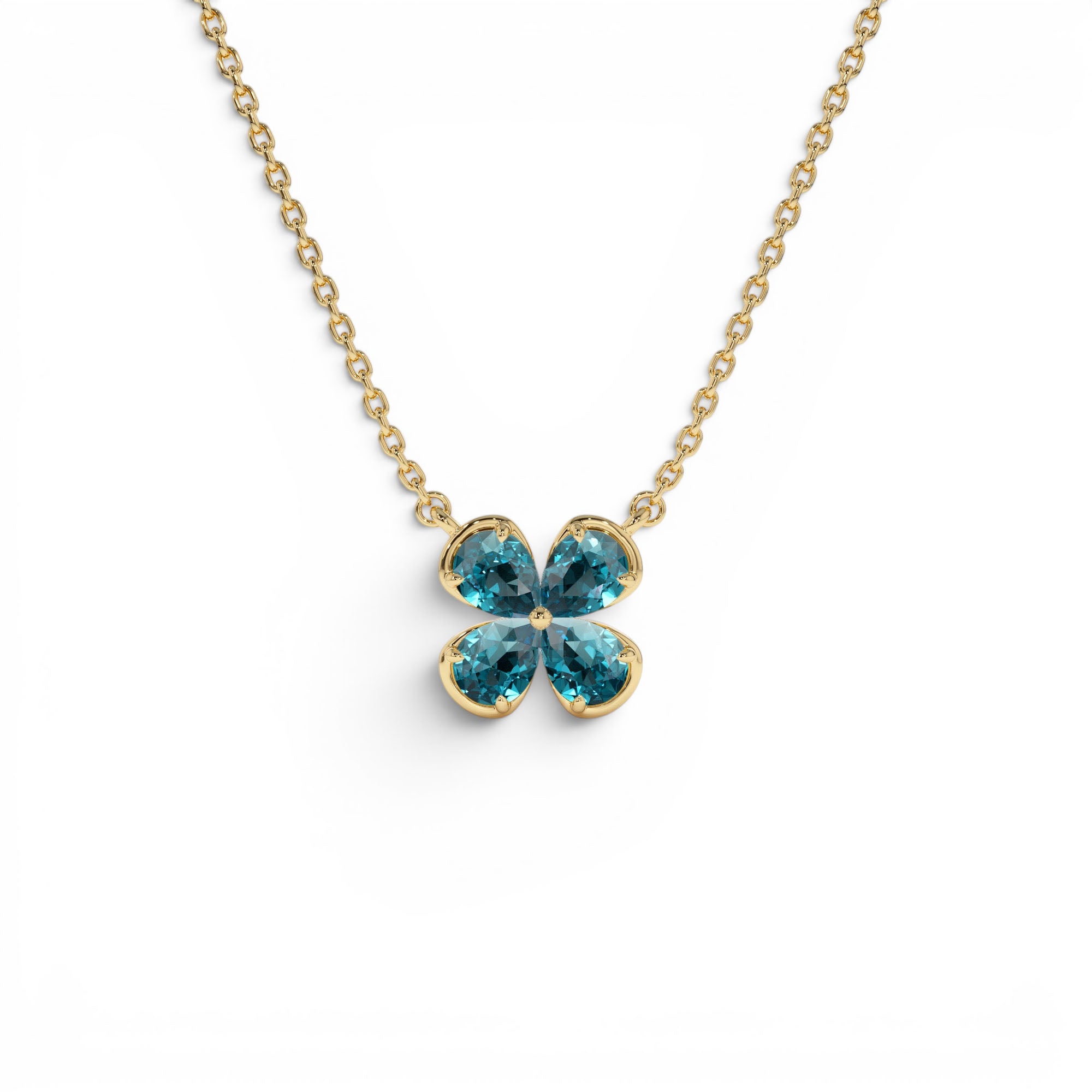 14K Four Leaf London Blue Topaz Clover Necklace by Orlina Fine