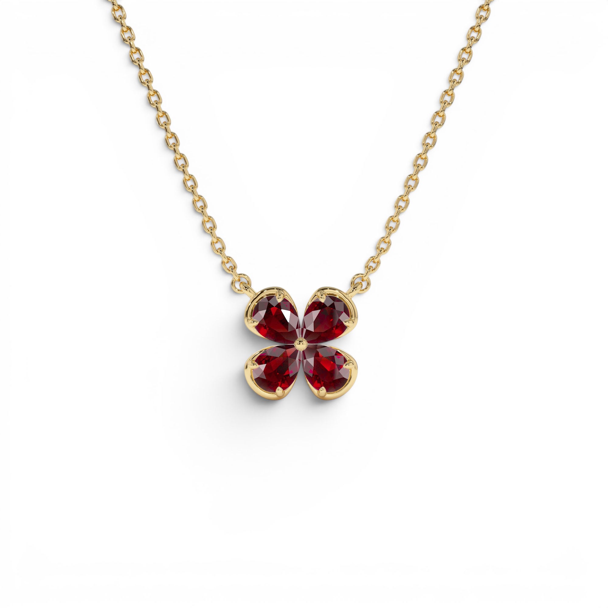 14K Four Leaf Garnet Clover Necklace by Orlina Fine