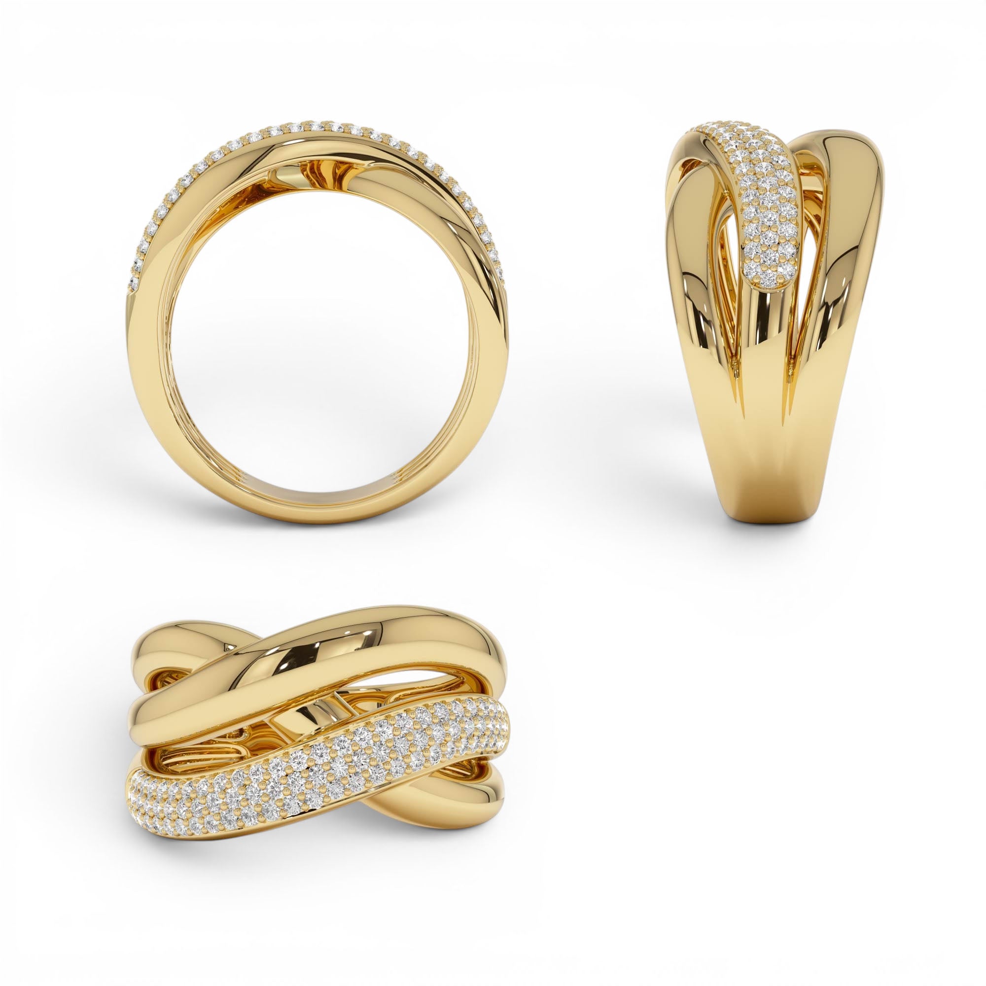 14k Gold Triple Band Crossover Diamond Statement Ring - view 5