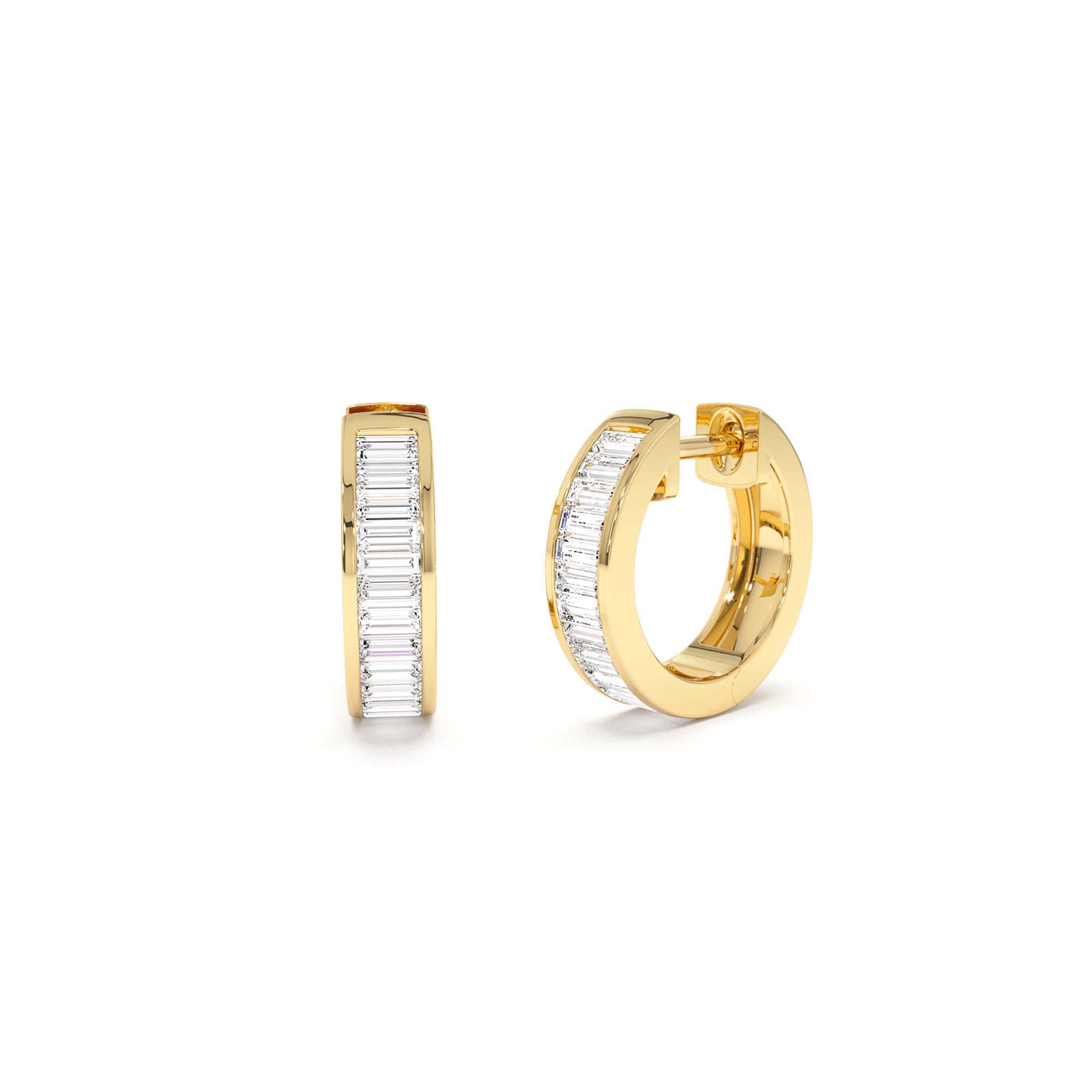 14k Channel Set Baguette Diamond Hoop Earrings by Orlina Fine