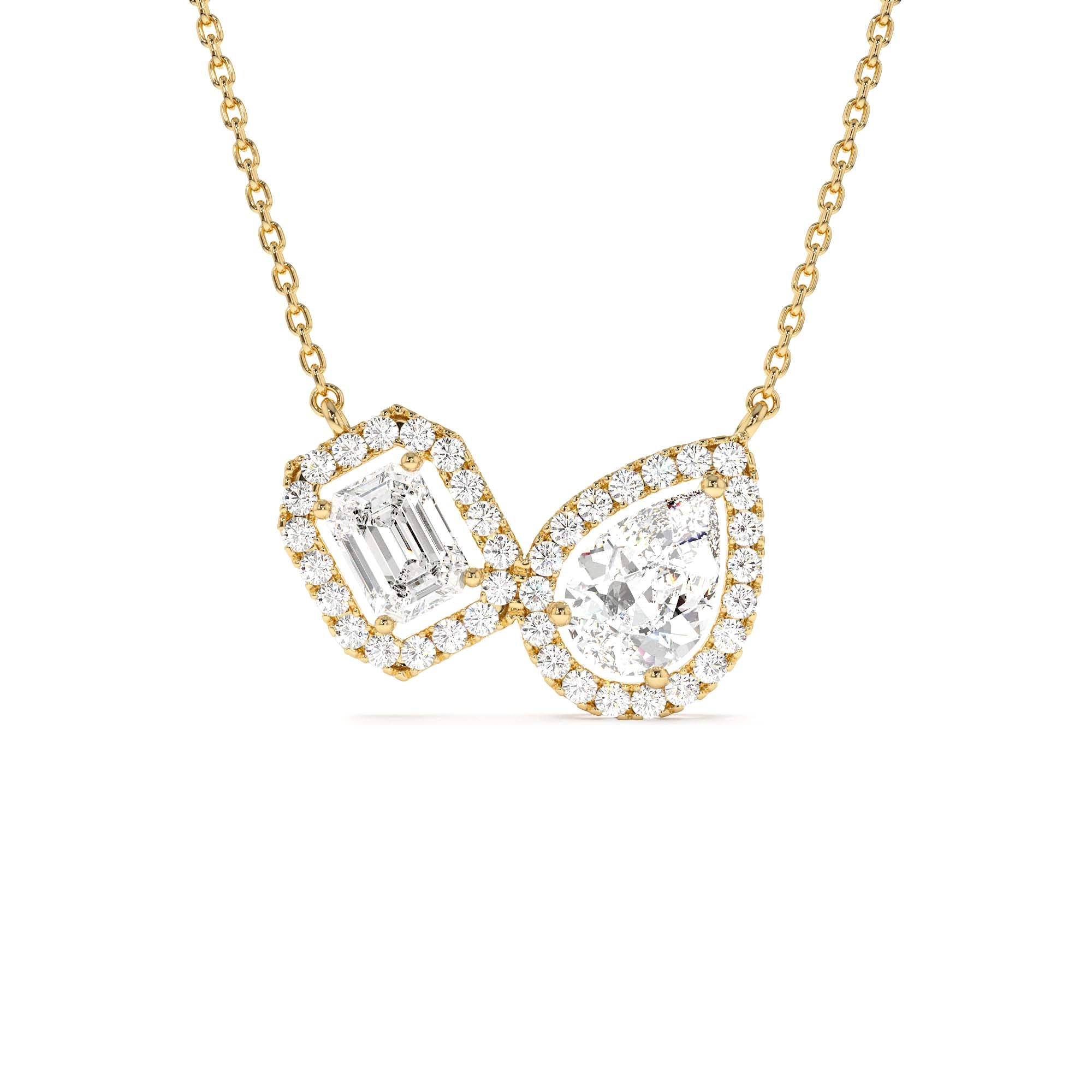 1.55 CTW Lab Grown Pear & Emerald Cut Toi et Moir Halo Setting Necklace by Orlina Fine