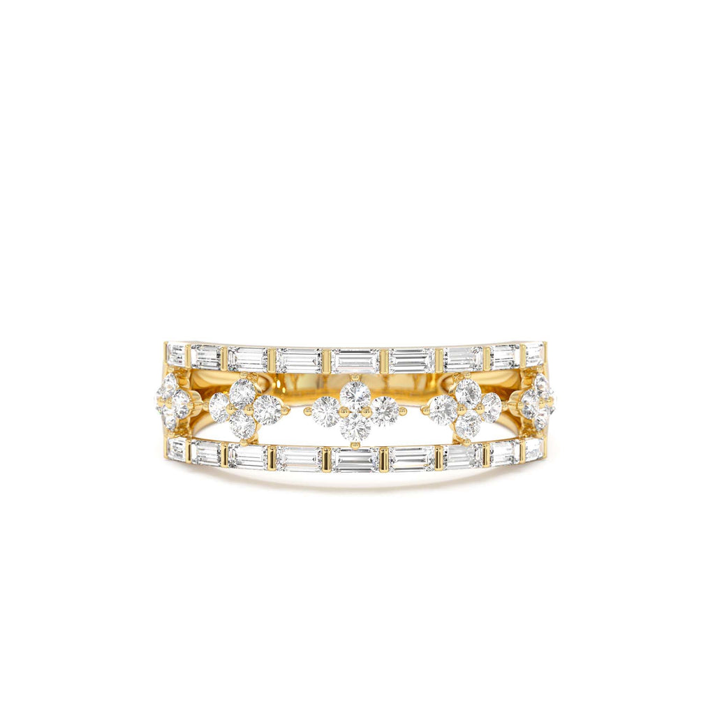14k Wide Band Ring with Baguette and Round Diamond Cluster Accents by Orlina Fine