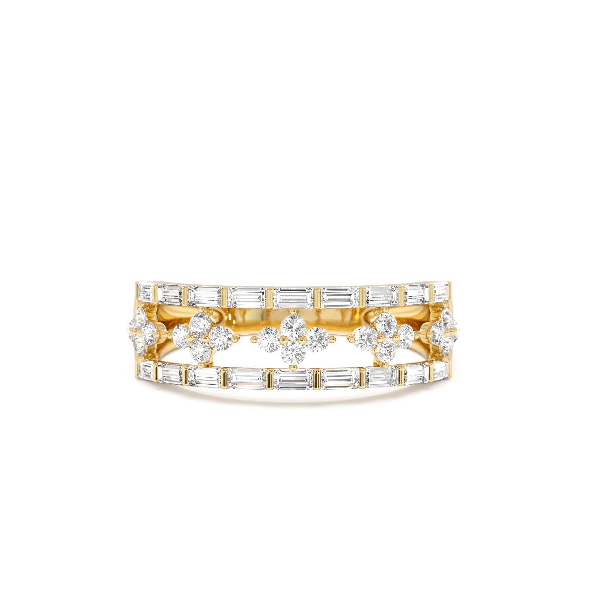 14k Wide Band Ring with Baguette and Round Diamond Cluster Accents by Orlina Fine