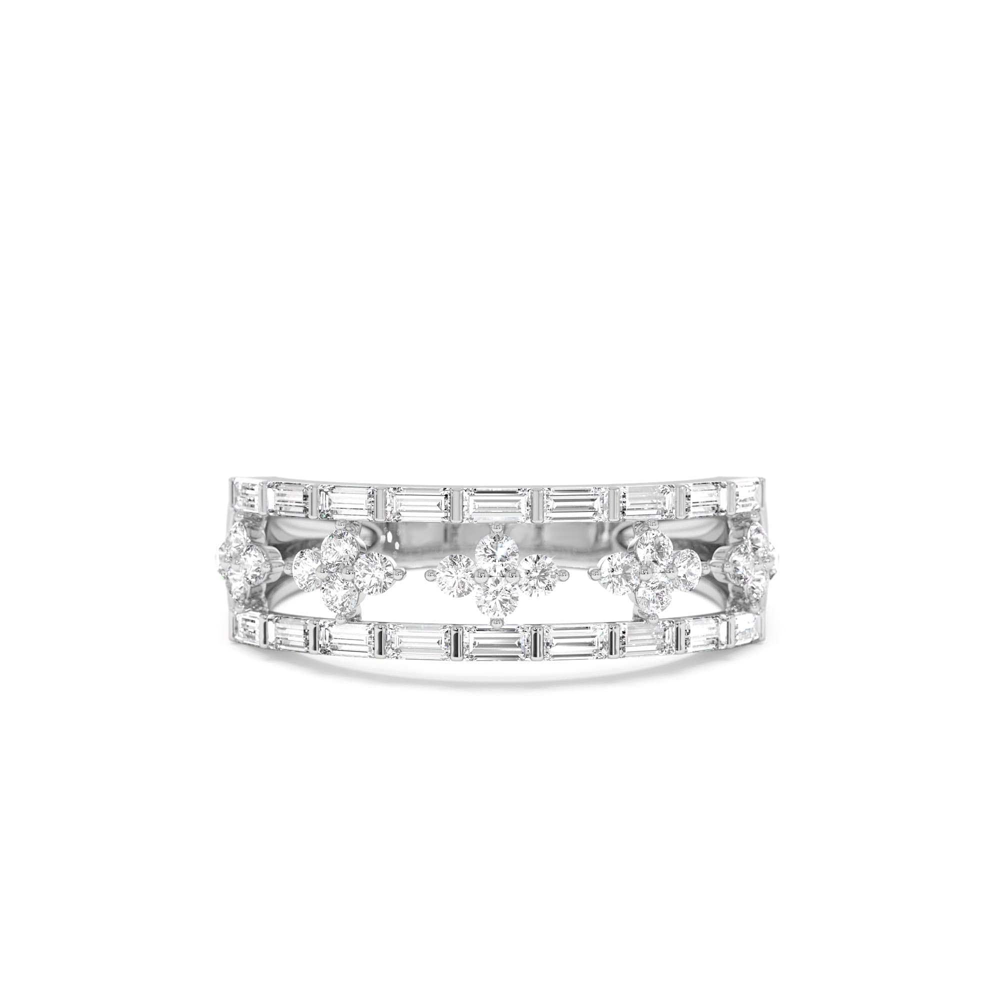 14k Wide Band Ring with Baguette and Round Diamond Cluster Accents - view 2