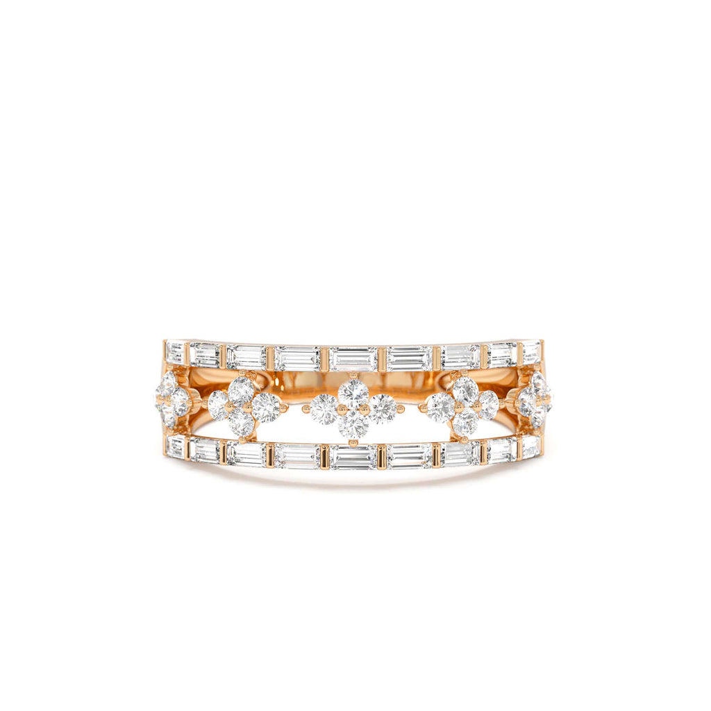 14k Wide Band Ring with Baguette and Round Diamond Cluster Accents - view 3