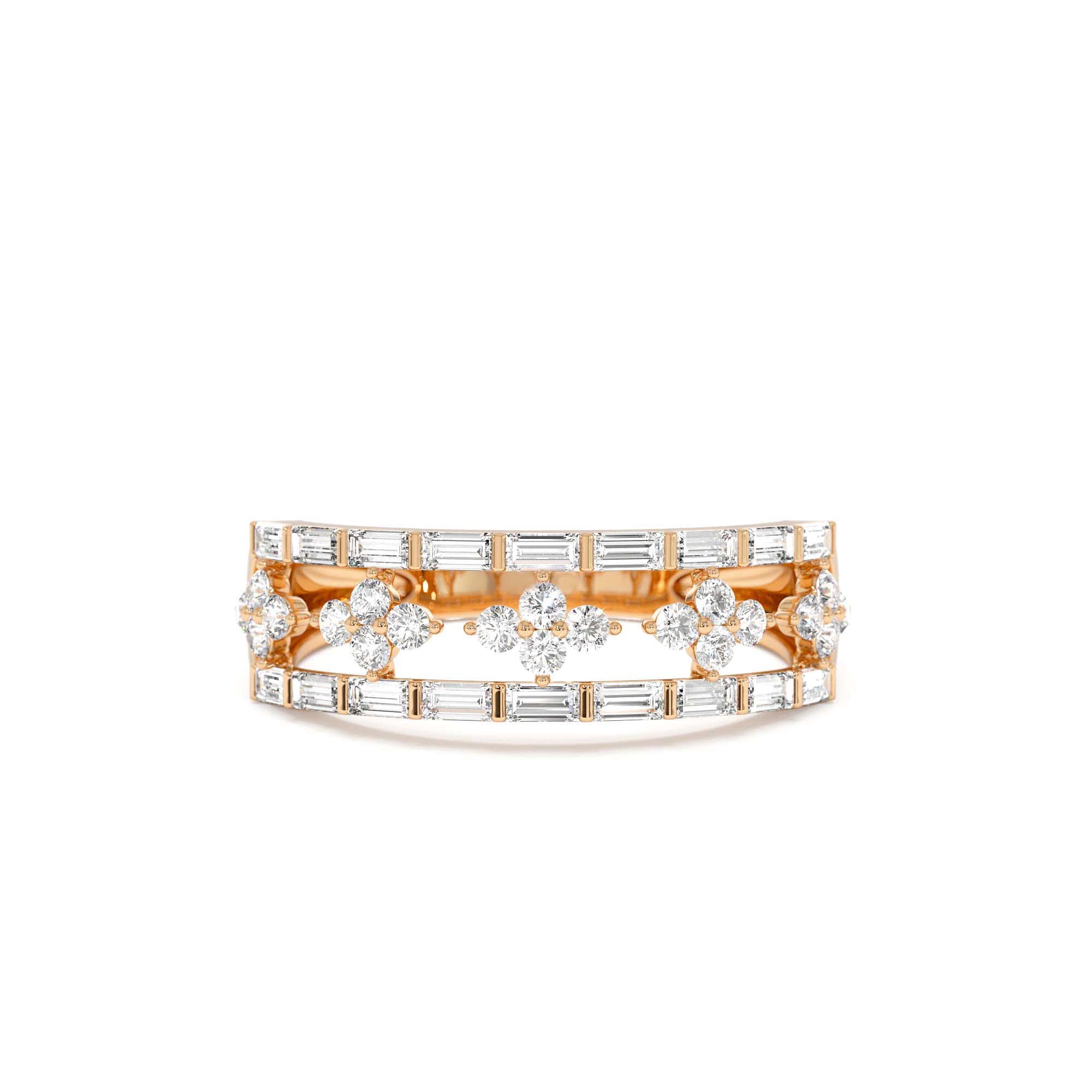 14k Wide Band Ring with Baguette and Round Diamond Cluster Accents - view 3
