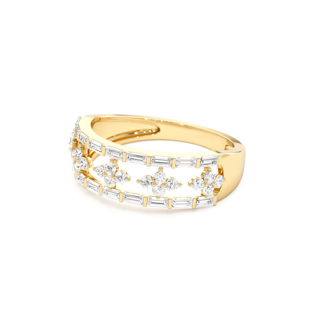 14k Wide Band Ring with Baguette and Round Diamond Cluster Accents - view 4