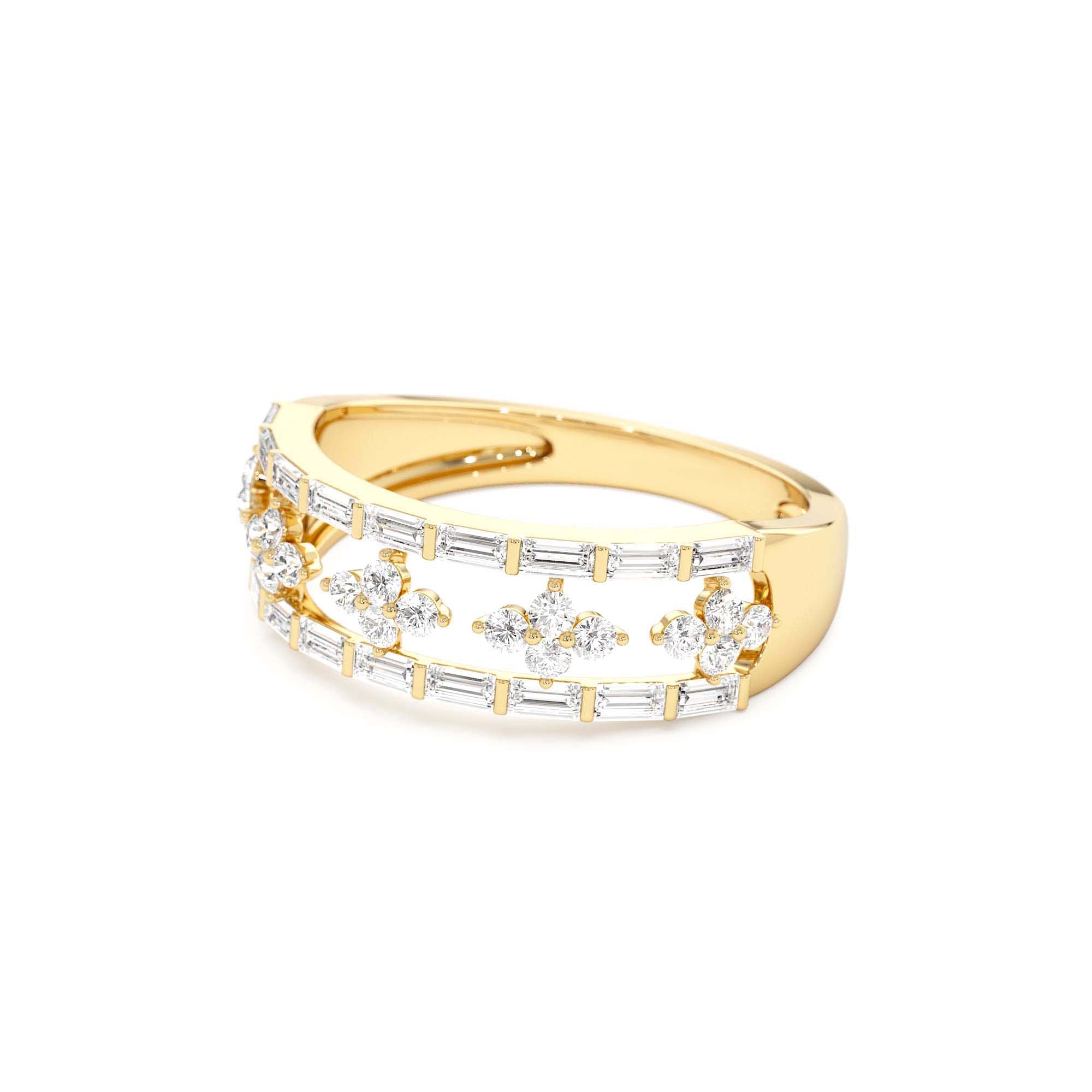 14k Wide Band Ring with Baguette and Round Diamond Cluster Accents - view 4