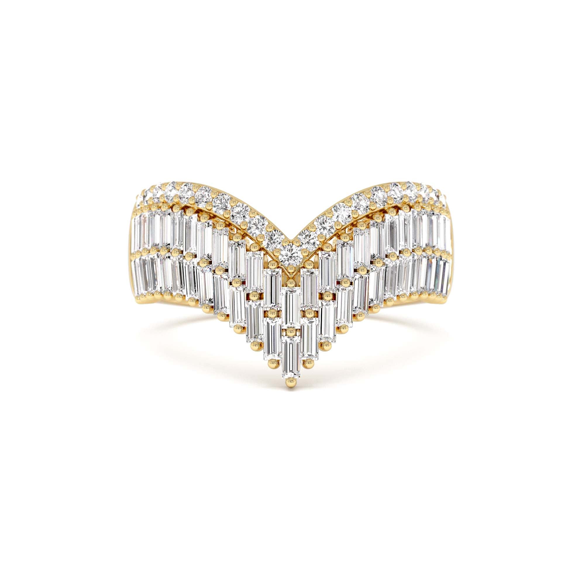 14k Baguette and Round Diamond Chevron Statement Ring by Orlina Fine