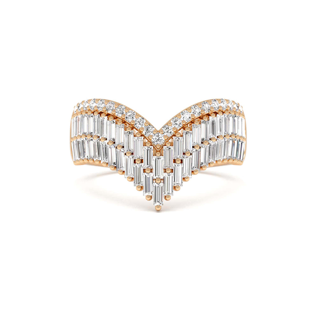 14k Baguette and Round Diamond Chevron Statement Ring - view 2