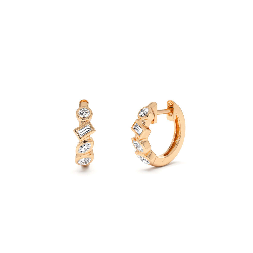 14k Diamond Hoop Earrings Gold Huggies with Mixed Cuts - view 2
