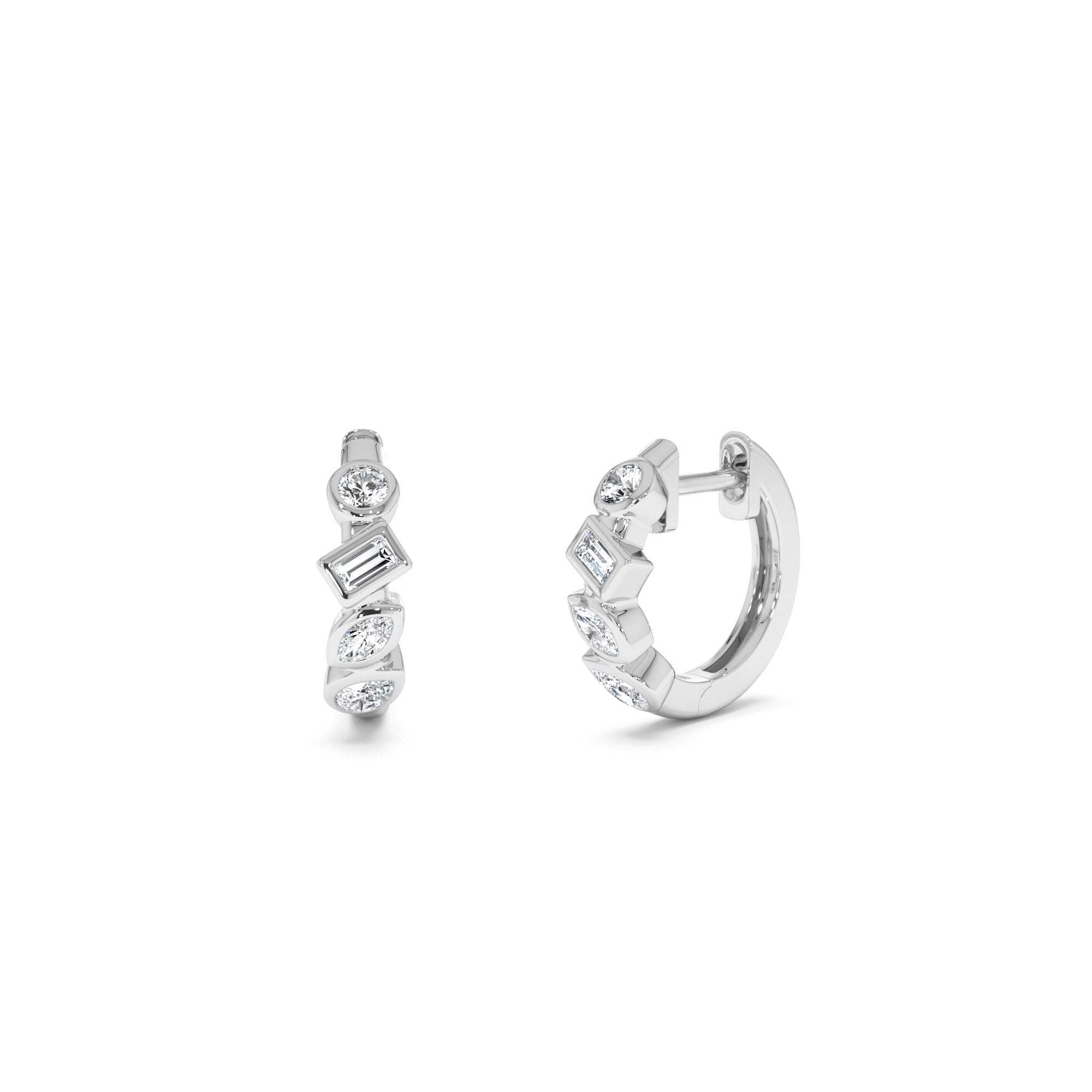 14k Diamond Hoop Earrings Gold Huggies with Mixed Cuts - view 3