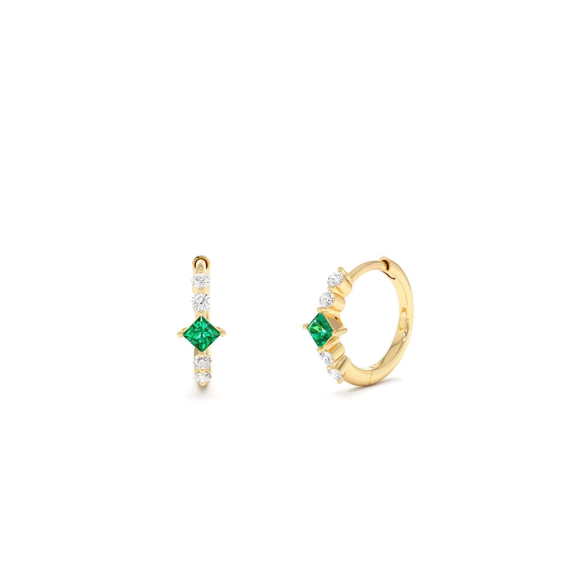 14k Princess Cut Emerald and Diamond Hoop Earrings by Orlina Fine