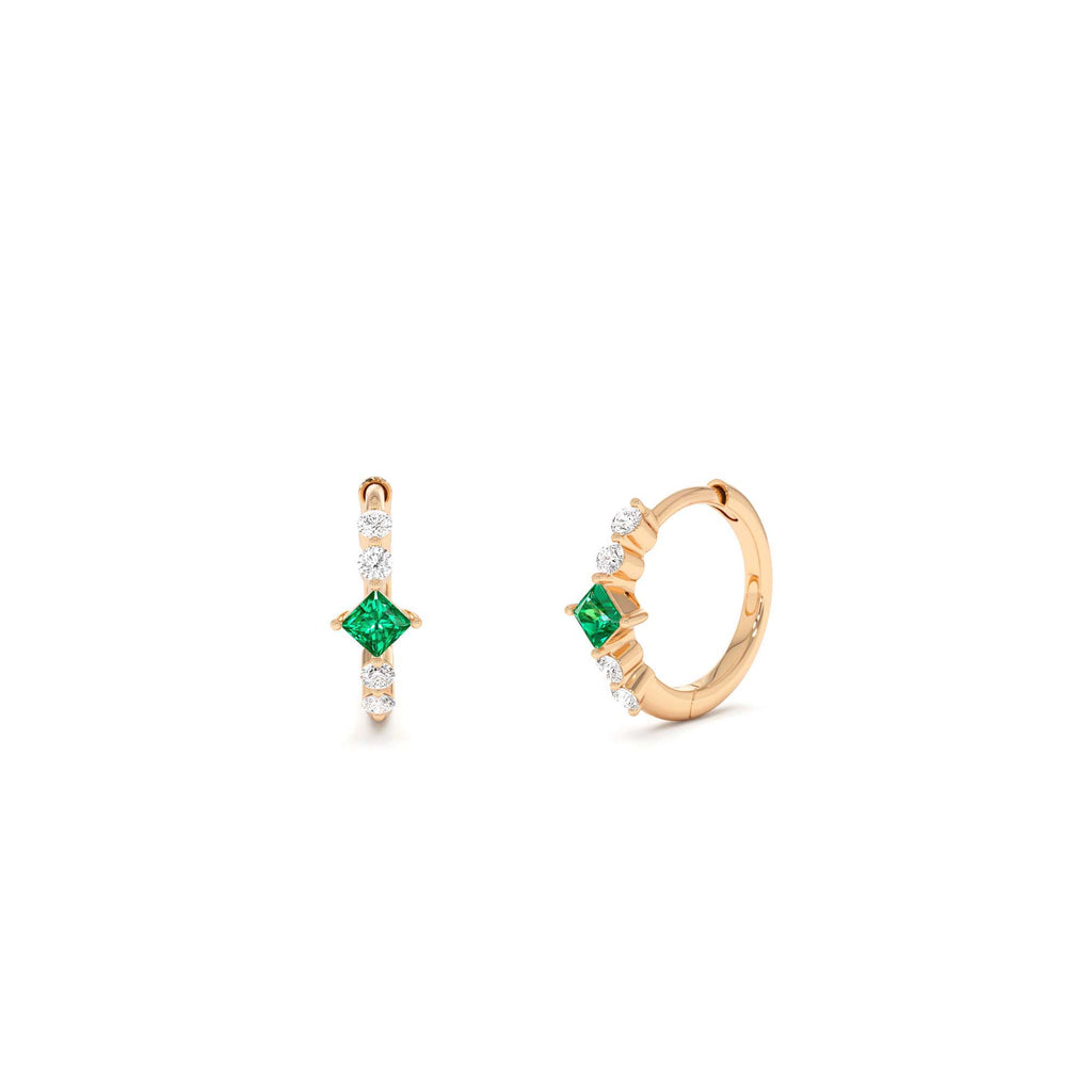 14k Princess Cut Emerald and Diamond Hoop Earrings - view 2
