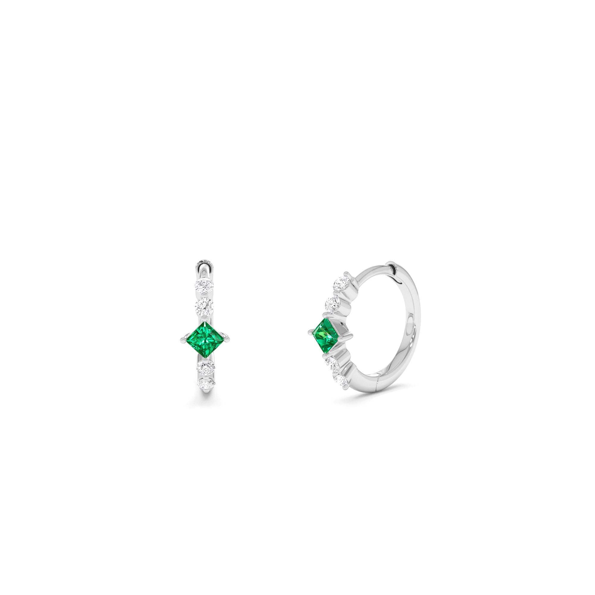 14k Princess Cut Emerald and Diamond Hoop Earrings - view 3