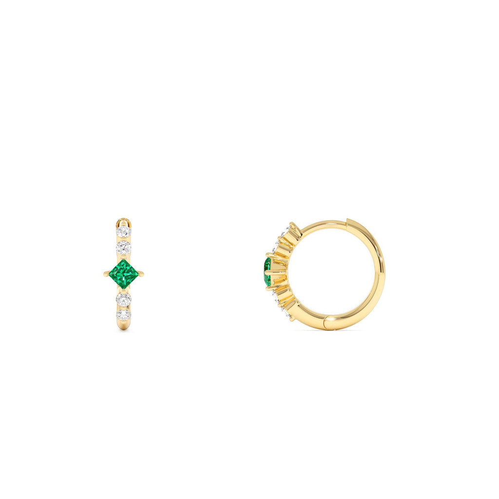14k Princess Cut Emerald and Diamond Hoop Earrings - view 4