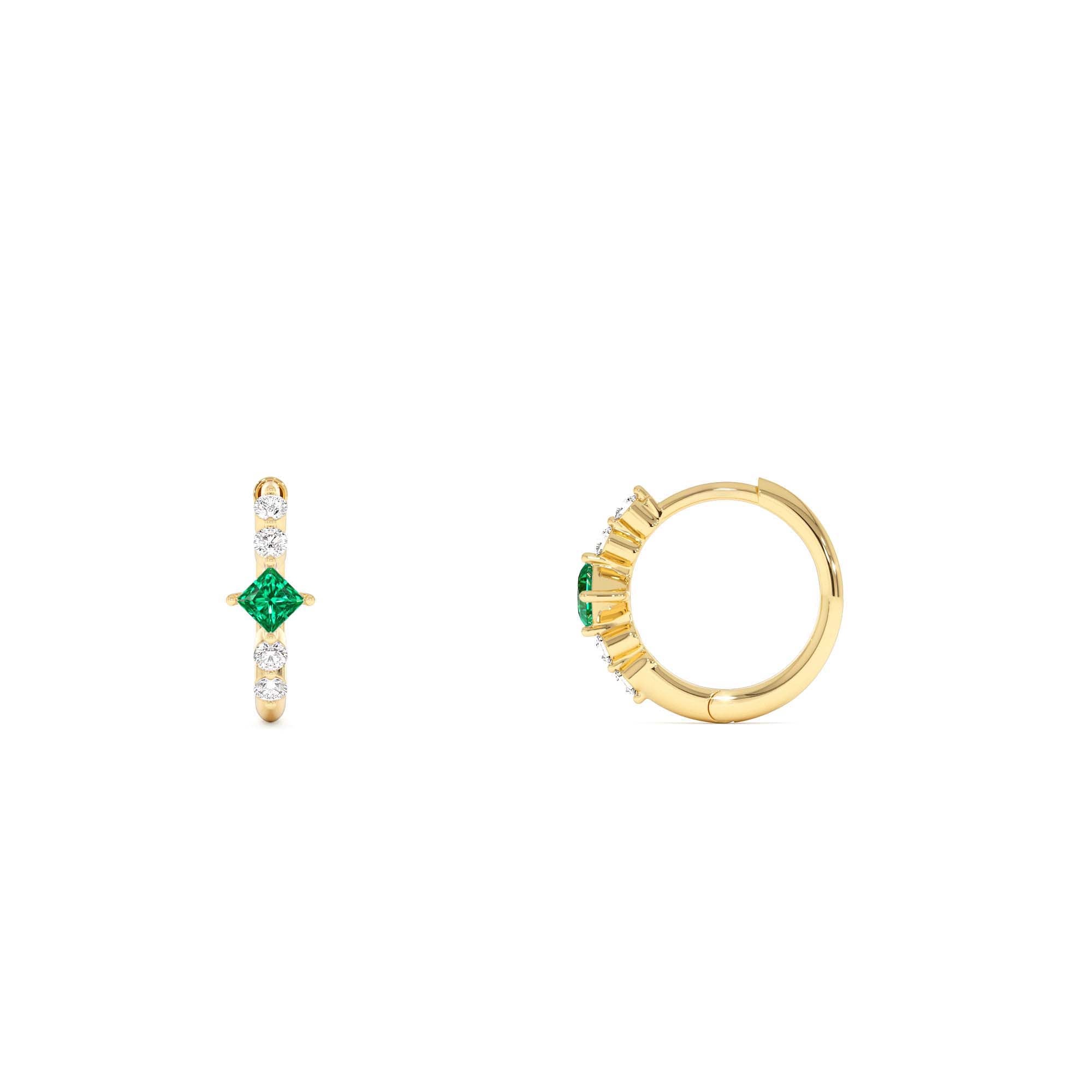 14k Princess Cut Emerald and Diamond Hoop Earrings - view 4