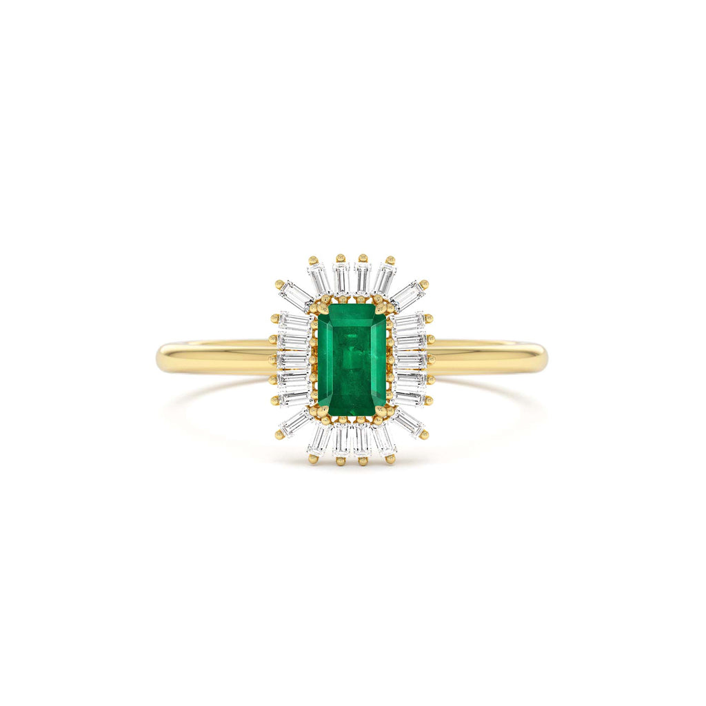 14k Emerald Cut Emerald Ring with Baguette Diamond Halo by Orlina Fine