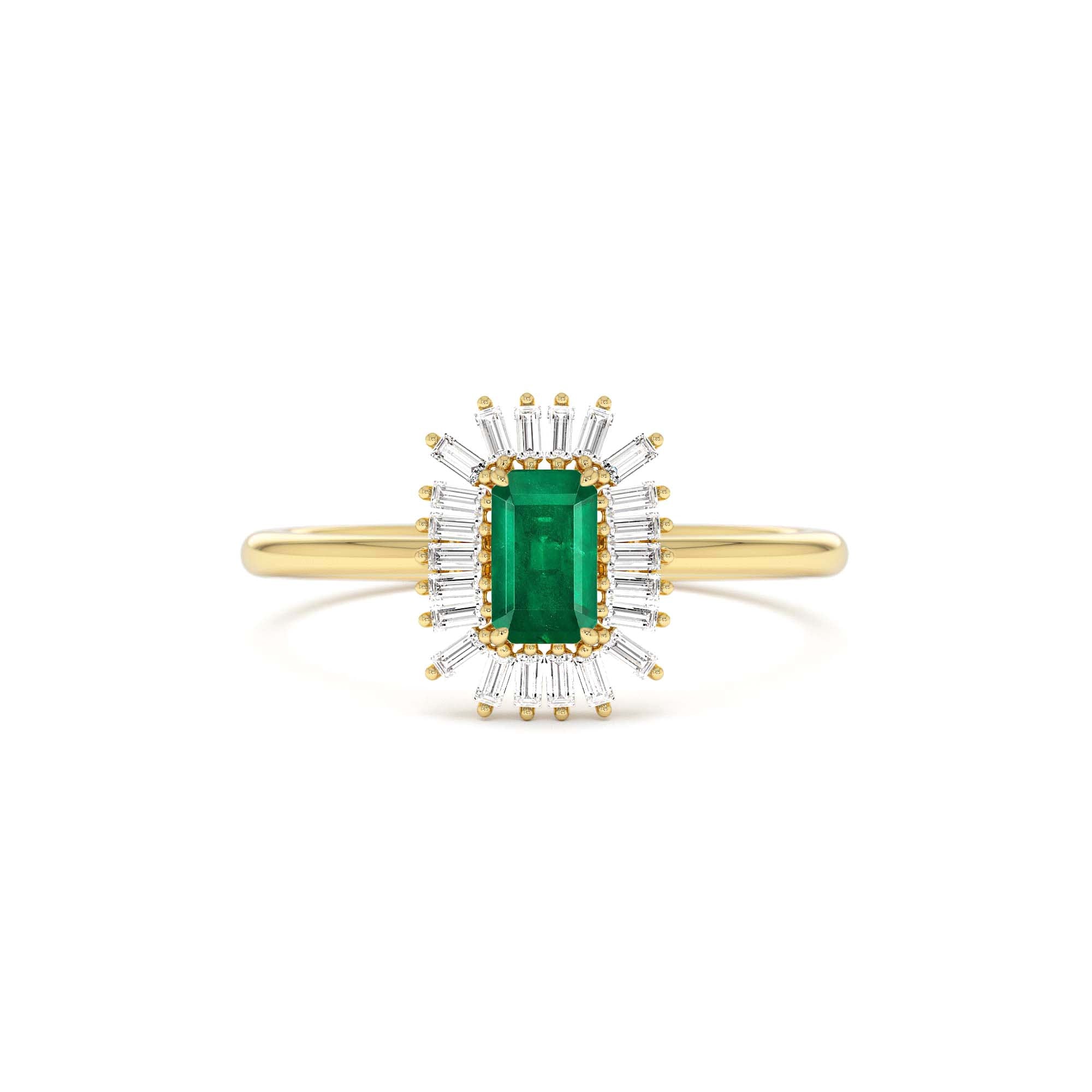 14k Emerald Cut Emerald Ring with Baguette Diamond Halo by Orlina Fine
