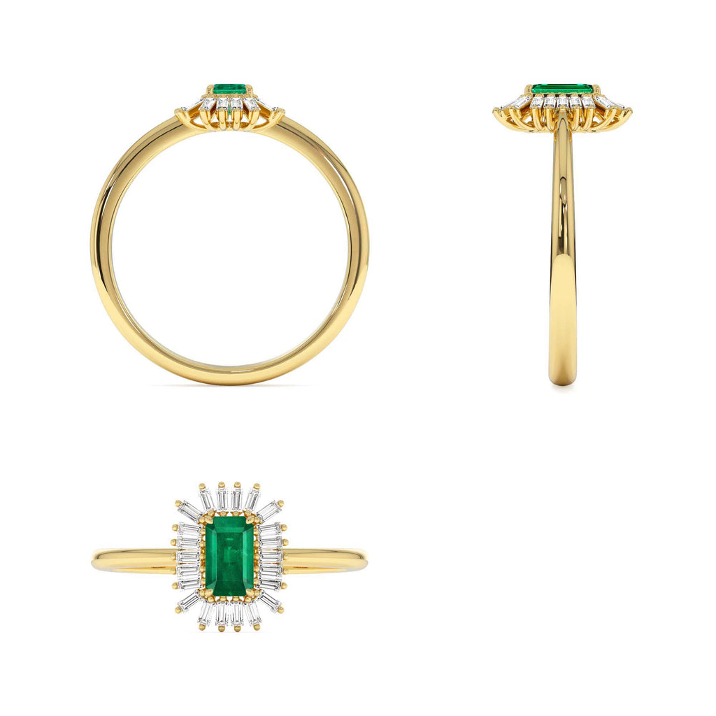 14k Emerald Cut Emerald Ring with Baguette Diamond Halo - view 5