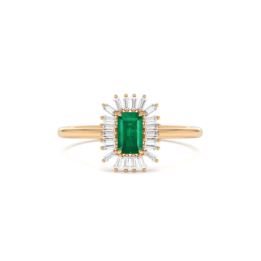 14k Emerald Cut Emerald Ring with Baguette Diamond Halo - view 2