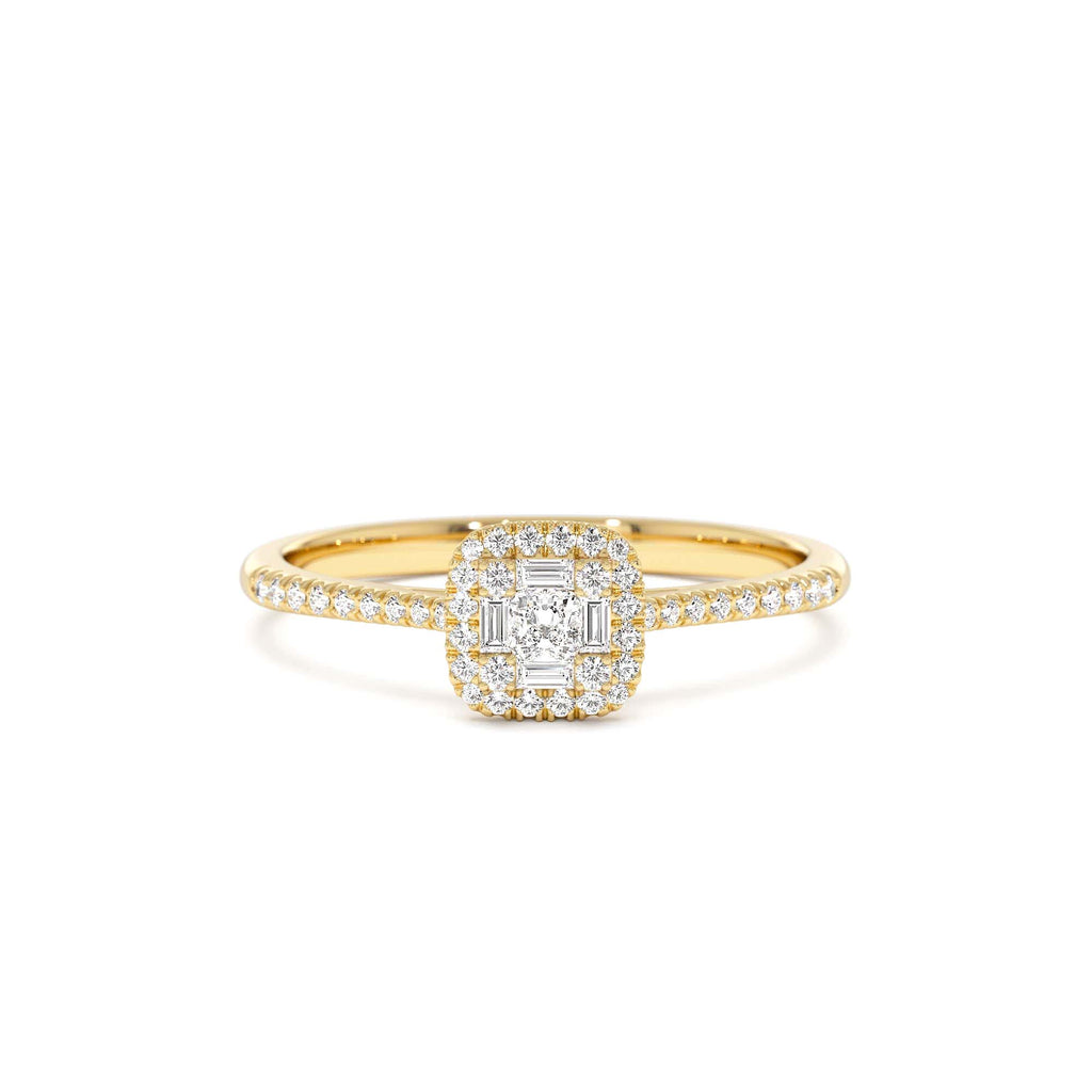 14k Diamond Halo Ring with Round and Baguette by Orlina Fine