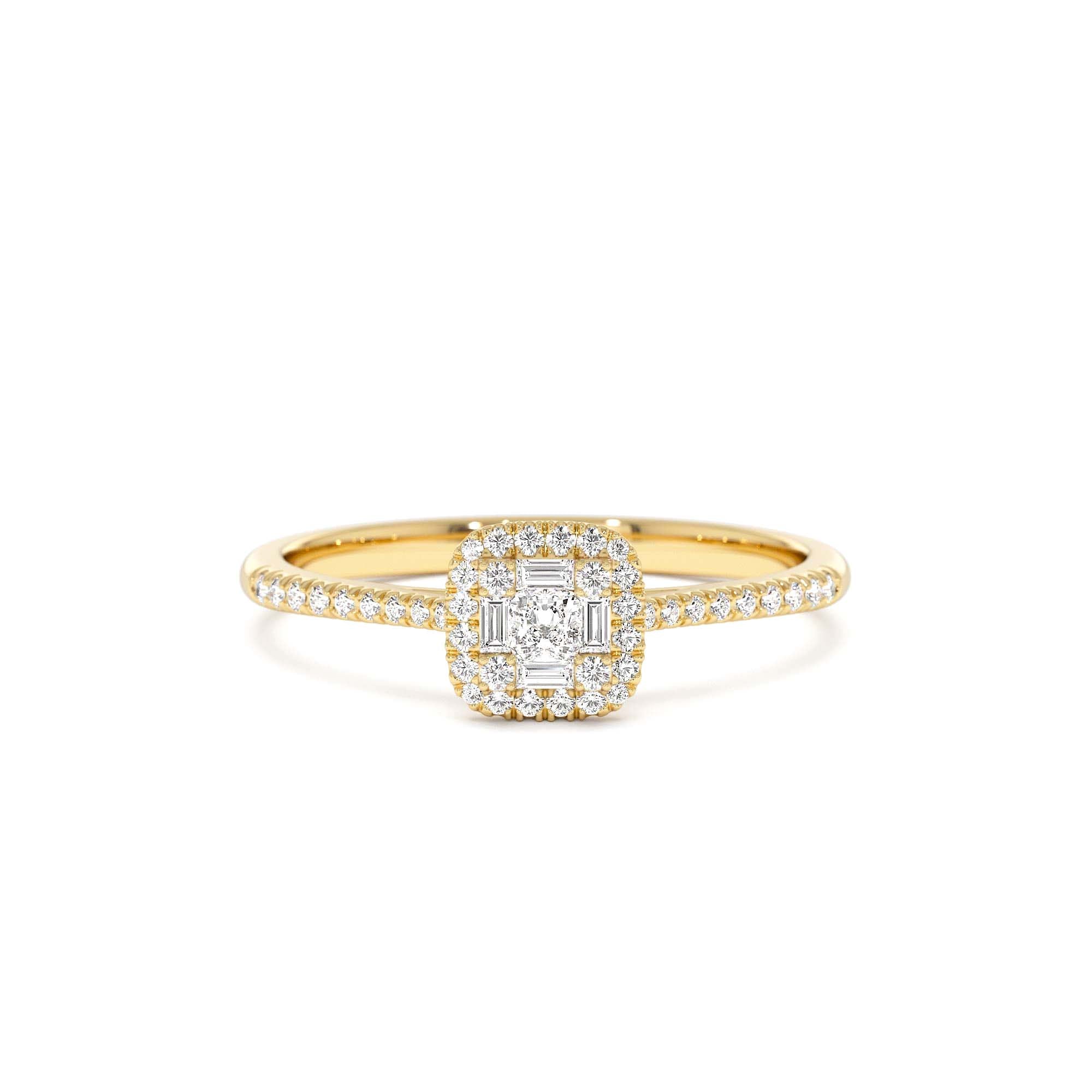 14k Diamond Halo Ring with Round and Baguette by Orlina Fine