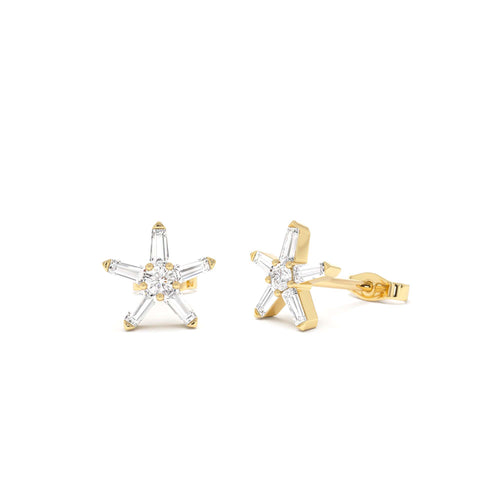 14k Baguette Diamond Star Earrings by Orlina Fine